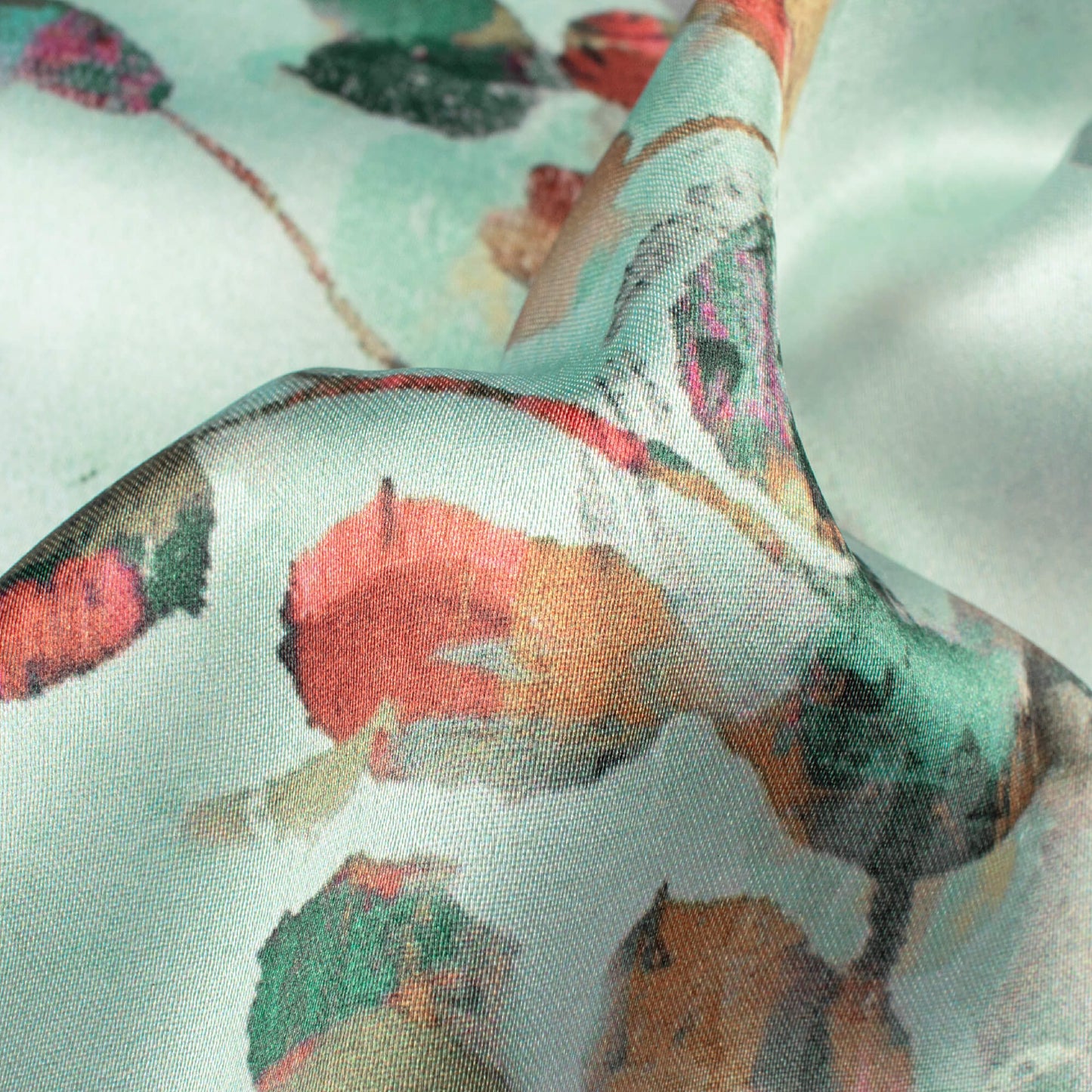 Mint Green And Brick Red Leaf Pattern Digital Print Japan Satin Fabric