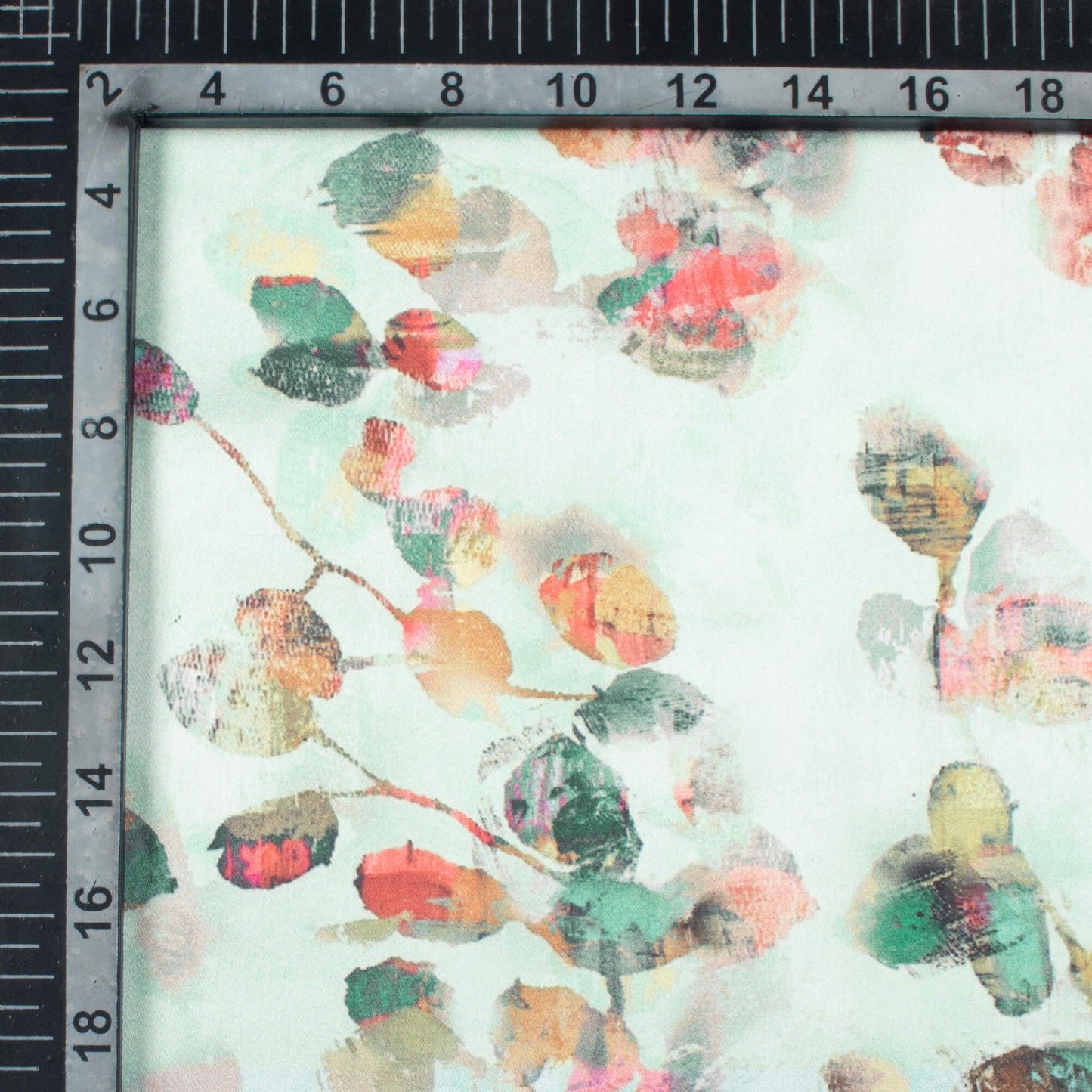 Mint Green And Brick Red Leaf Pattern Digital Print Japan Satin Fabric