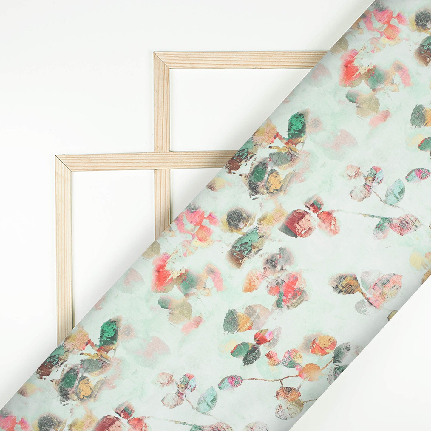 Mint Green And Brick Red Leaf Pattern Digital Print Japan Satin Fabric