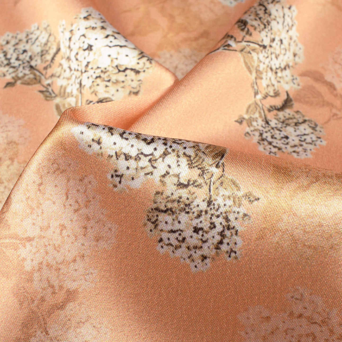 Coral Peach And White Floral Pattern Digital Print Japan Satin Fabric