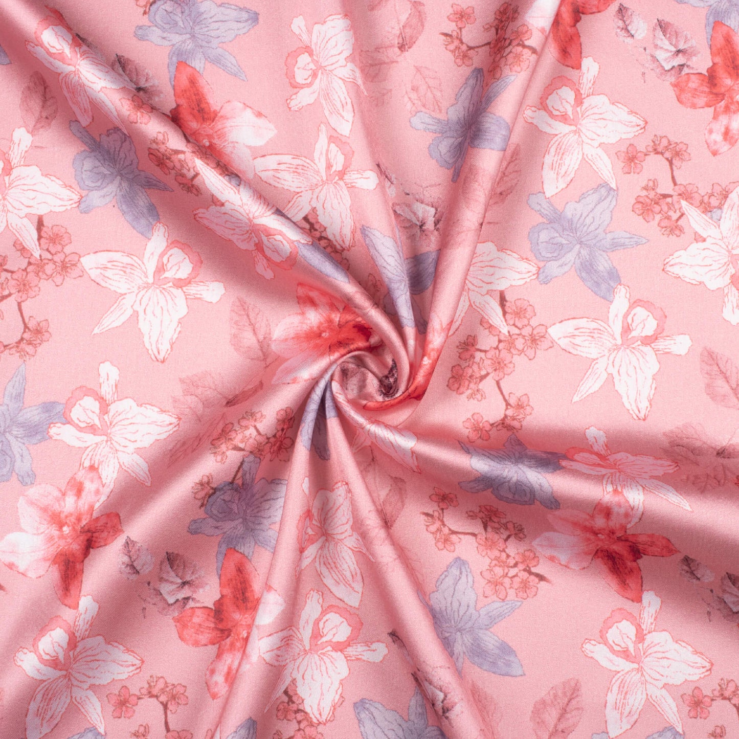 Taffy Pink And brick Red Floral Pattern Digital Print Japan Satin Fabric