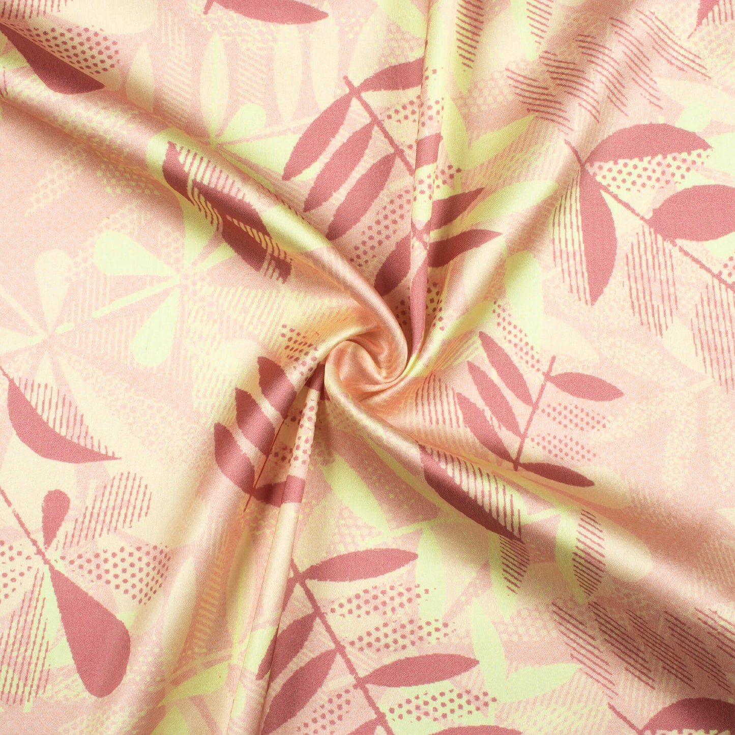 Dusty Coral Pink And Lemon Yellow Leaf Pattern Digital Print Japan Satin Fabric