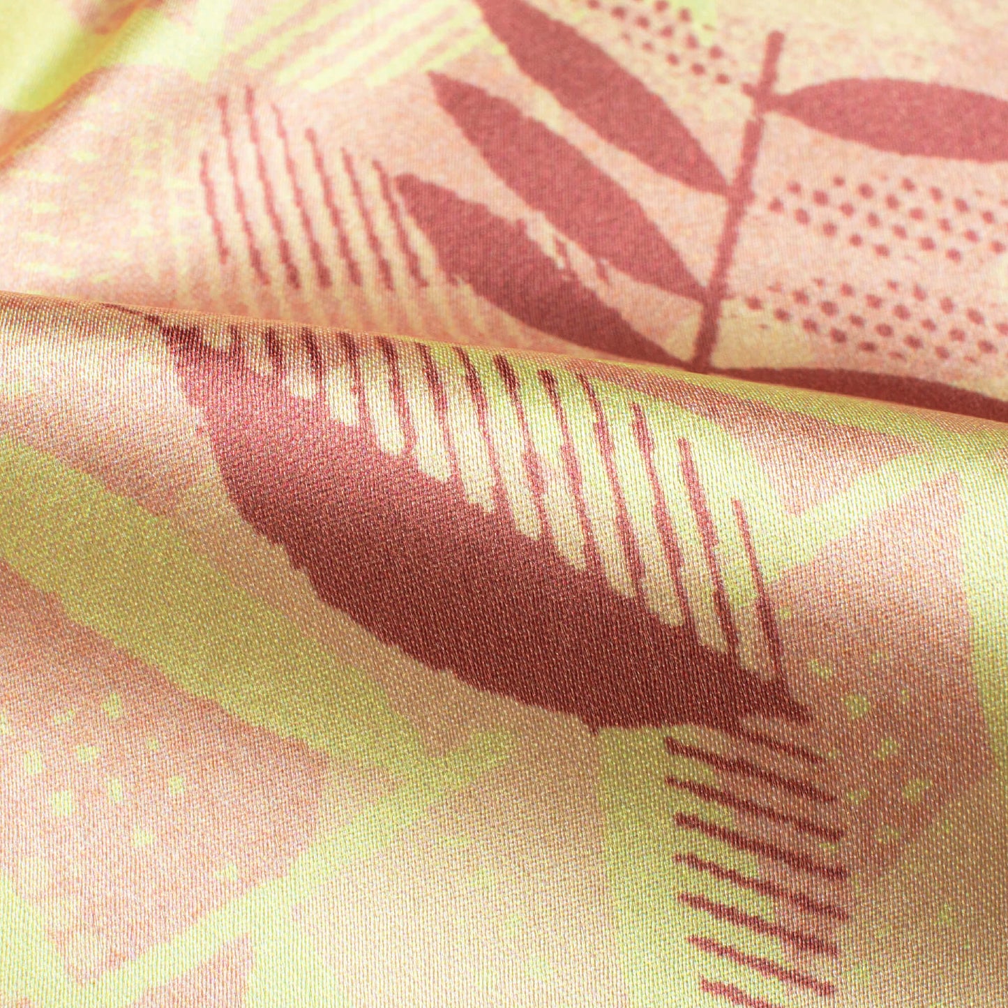 Dusty Coral Pink And Lemon Yellow Leaf Pattern Digital Print Japan Satin Fabric