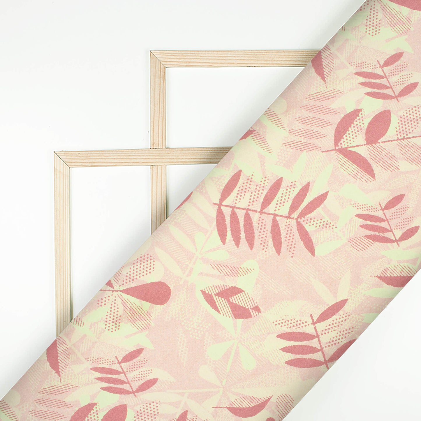 Dusty Coral Pink And Lemon Yellow Leaf Pattern Digital Print Japan Satin Fabric