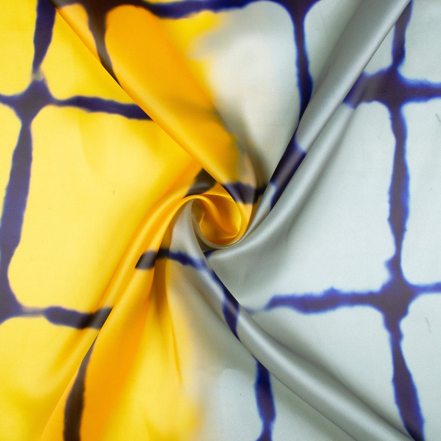 Cyber Yellow And Steel Grey Checks Pattern Digital Print Organza Satin Fabric