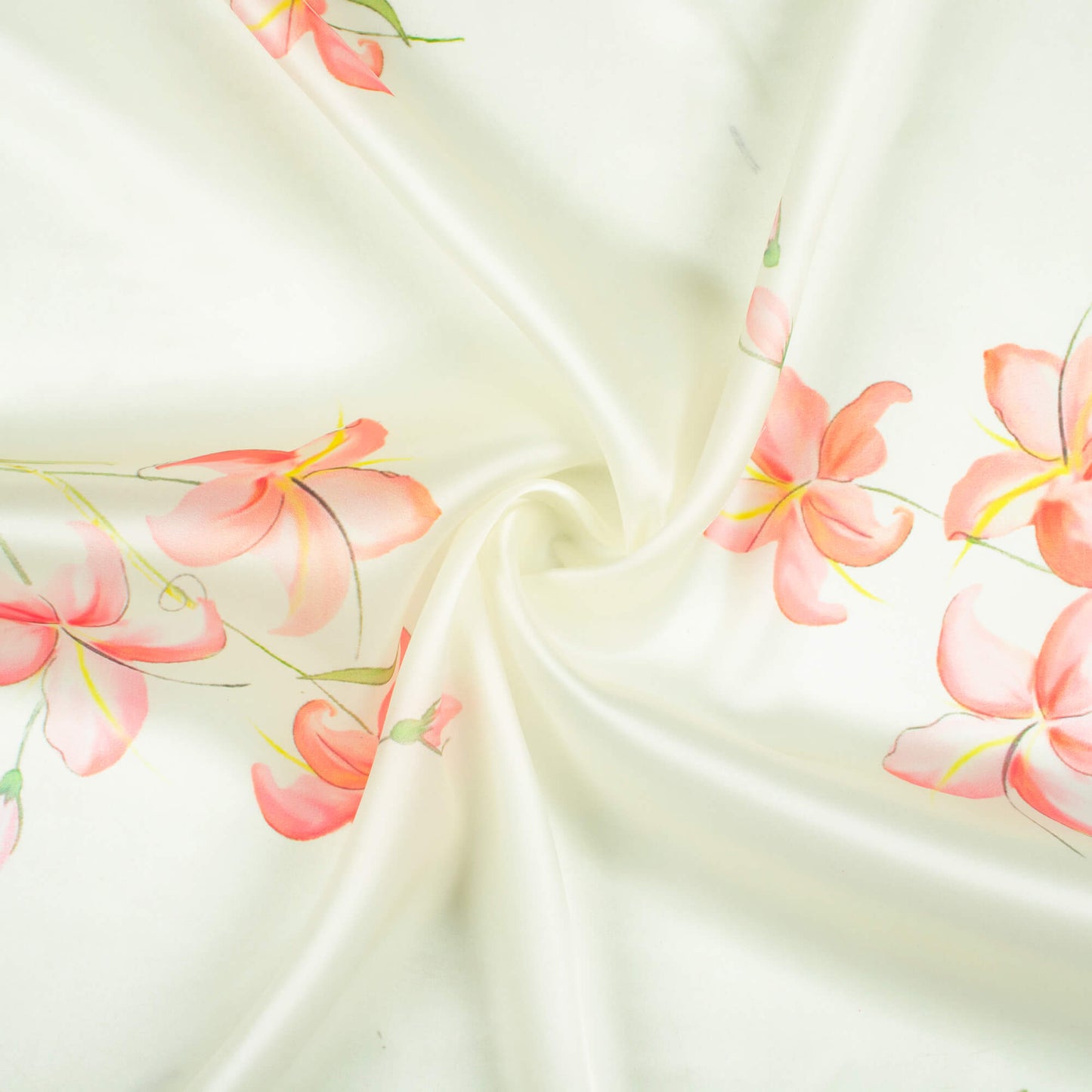 Daisy White And Peach Floral Pattern Digital Print Organza Satin Fabric