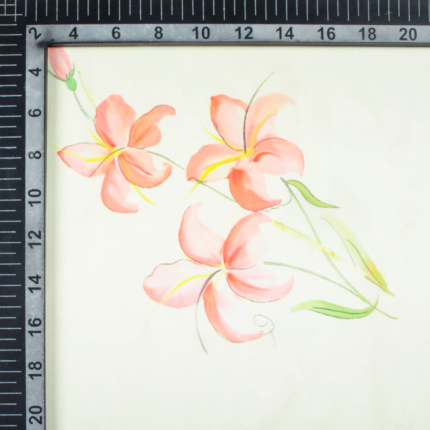 Daisy White And Peach Floral Pattern Digital Print Organza Satin Fabric