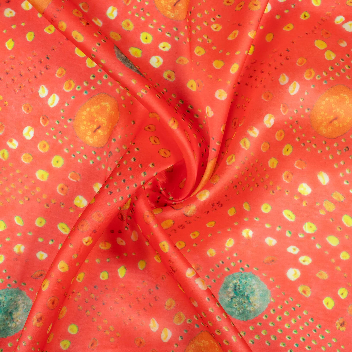 Vermilion Red And Yellow Bandhanii Pattern Digital Print Organza Satin Fabric