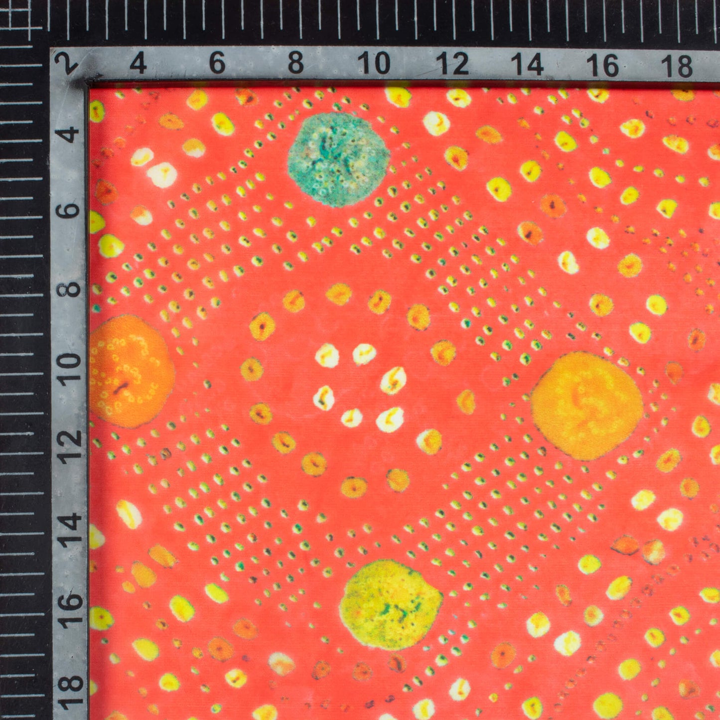 Vermilion Red And Yellow Bandhanii Pattern Digital Print Organza Satin Fabric