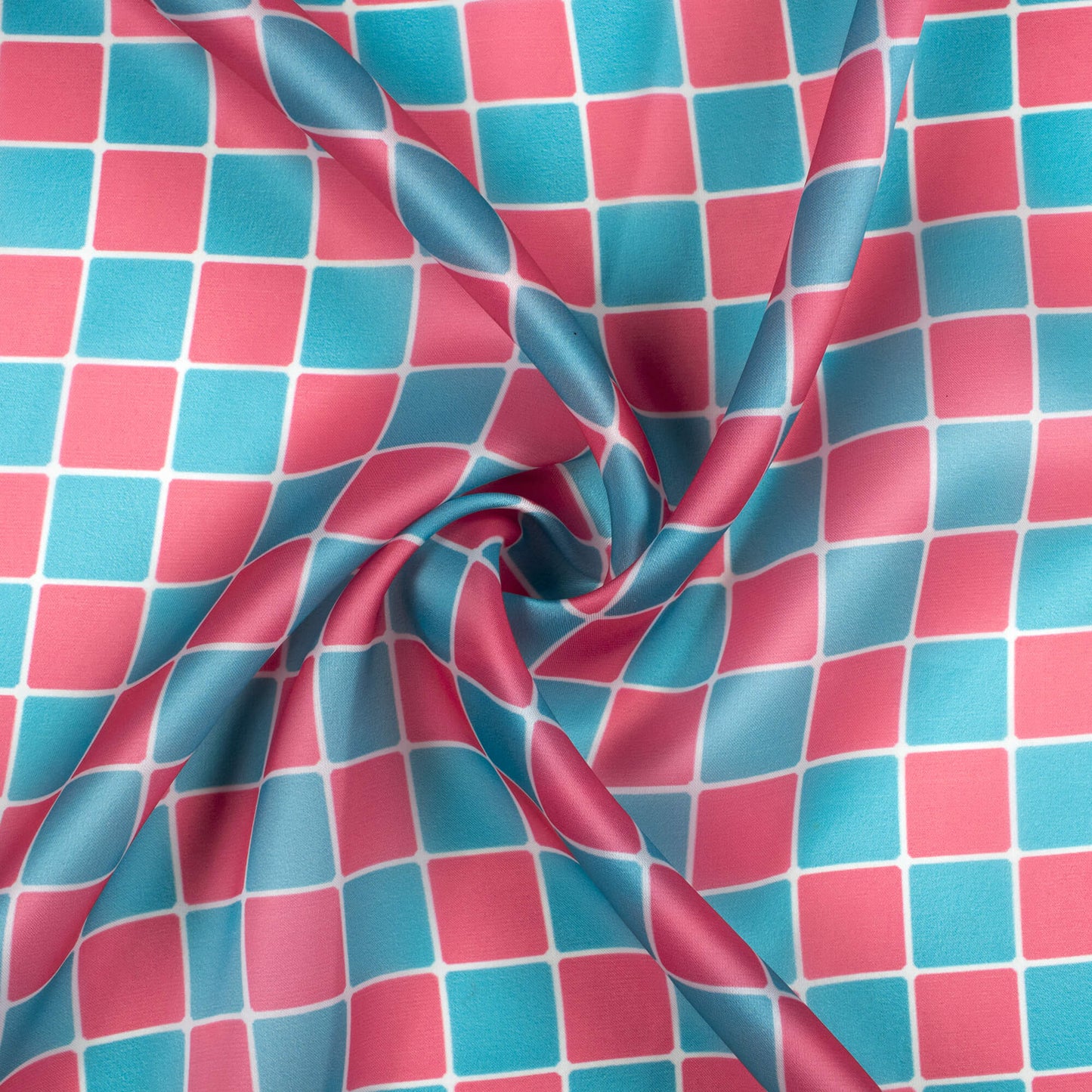 Cerise Pink And Iceberg Blue Checks Pattern Digital Print Organza Satin Fabric