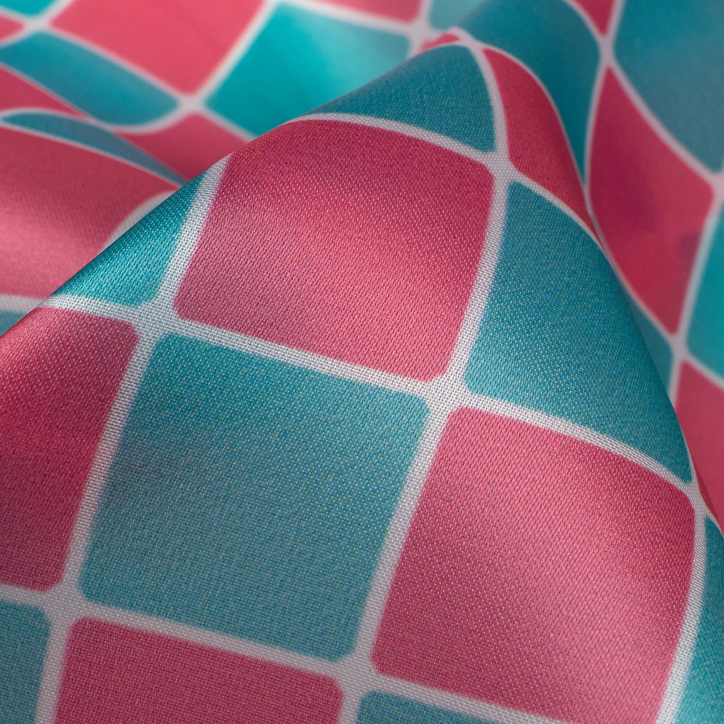 Cerise Pink And Iceberg Blue Checks Pattern Digital Print Organza Satin Fabric