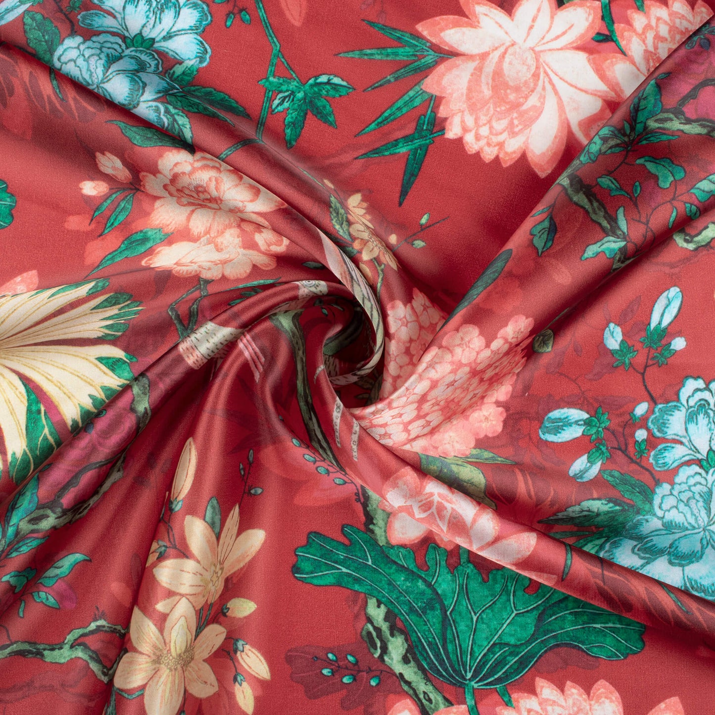 Sangria Red And Salmon Pink Floral Pattern Digital Print Organza Satin Fabric
