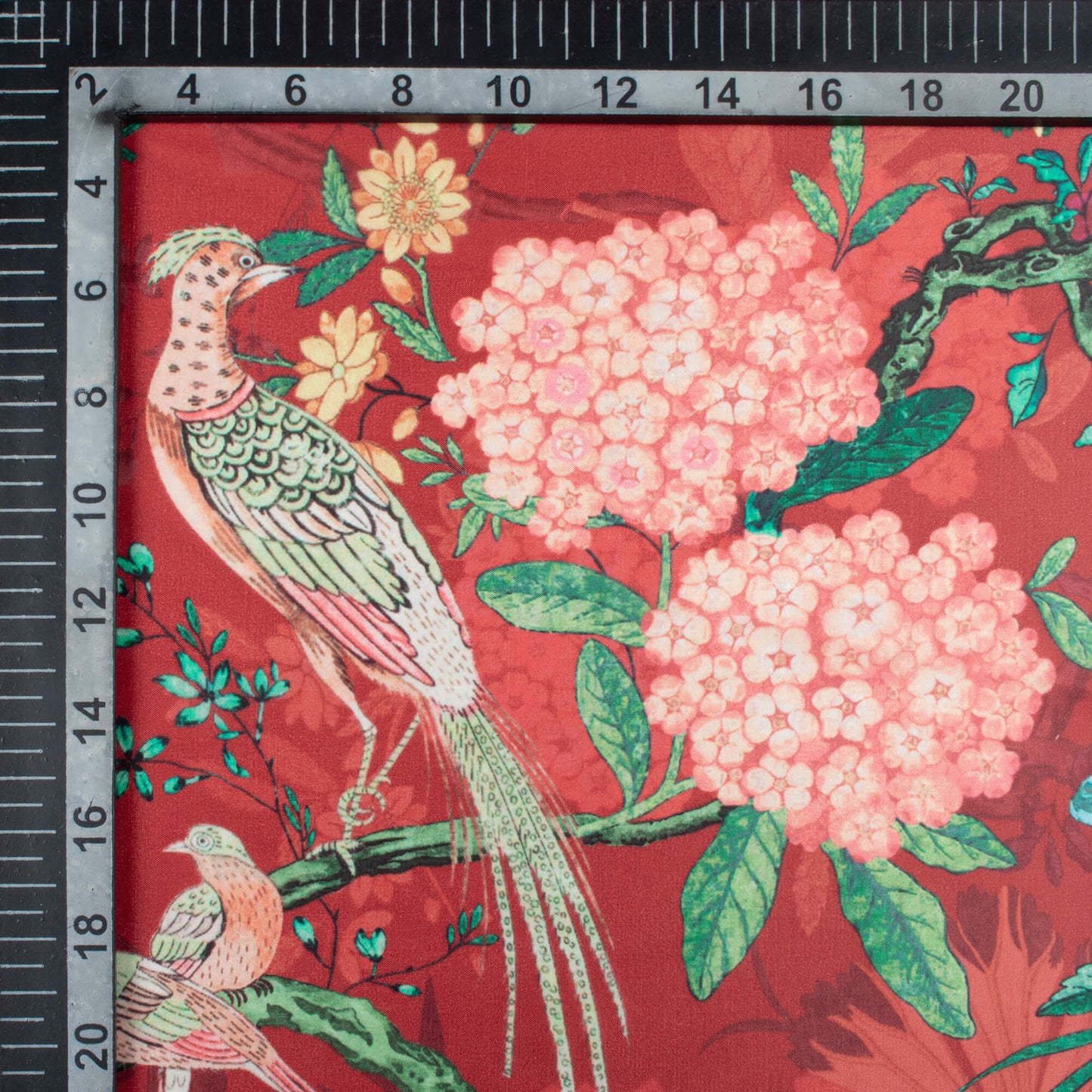 Sangria Red And Salmon Pink Floral Pattern Digital Print Organza Satin Fabric