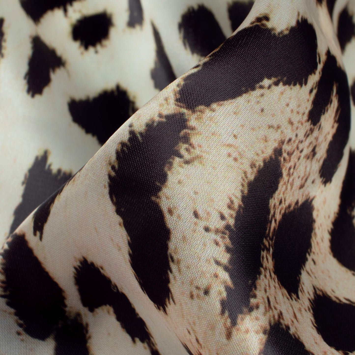 Ecru Beige And Black Animal Pattern Digital Print Organza Satin Fabric