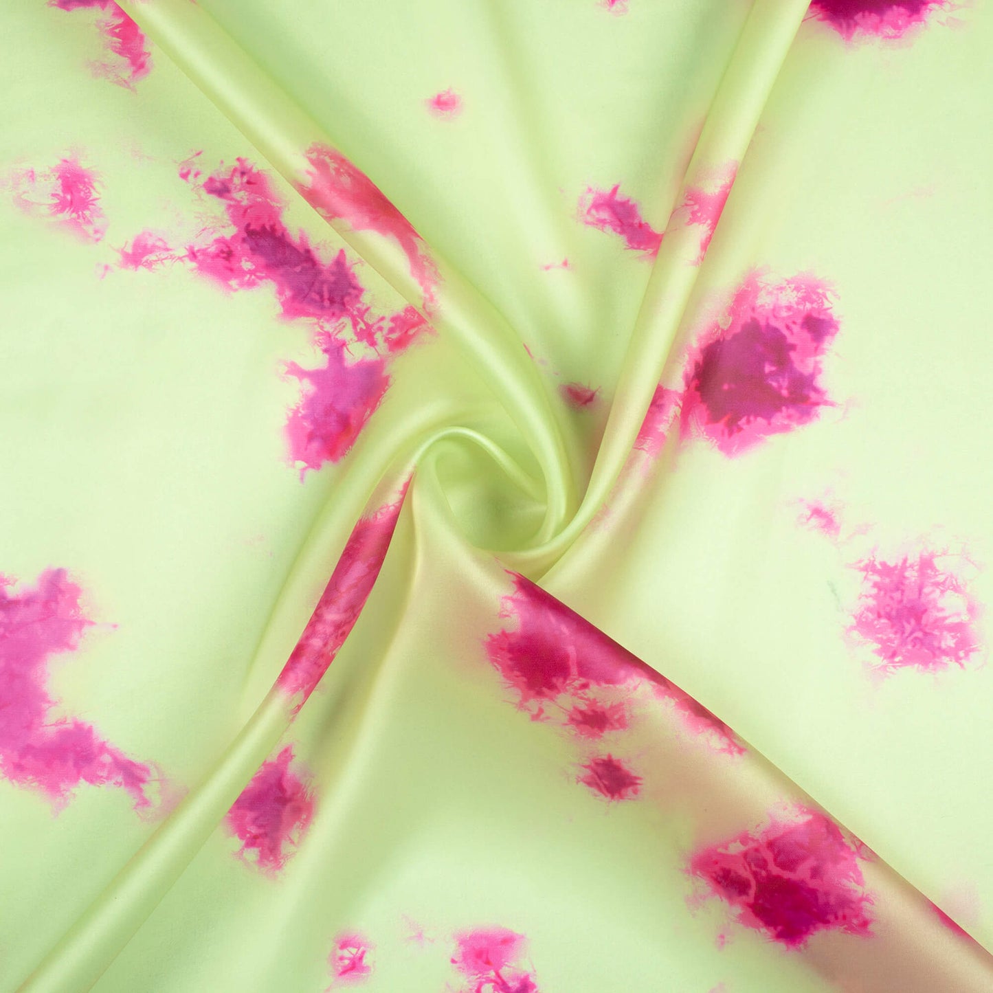 Lime Green And Magenta Purple Tye And Dye Pattern Digital Print Organza Satin Fabric