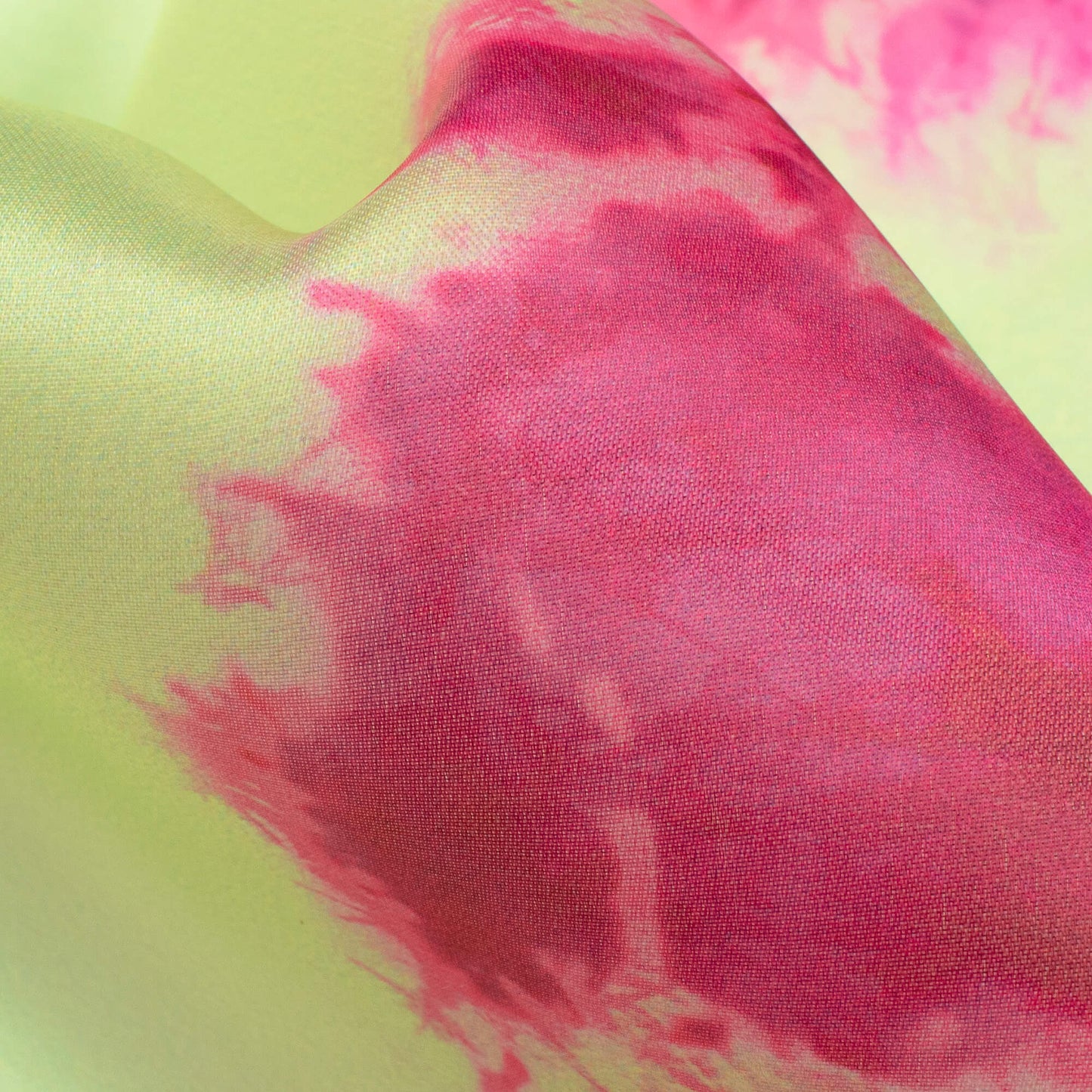 Lime Green And Magenta Purple Tye And Dye Pattern Digital Print Organza Satin Fabric