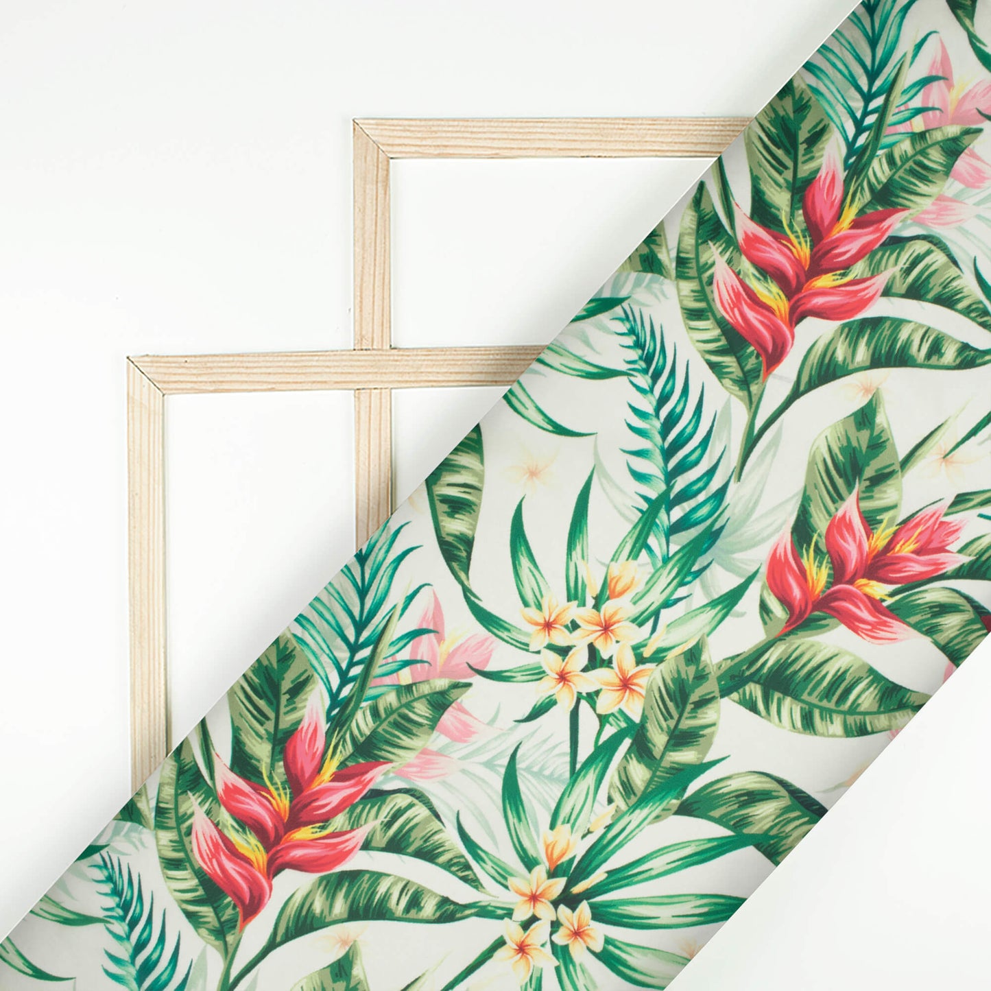 Oyster White And Green Tropical Pattern Digital Print Organza Satin Fabric