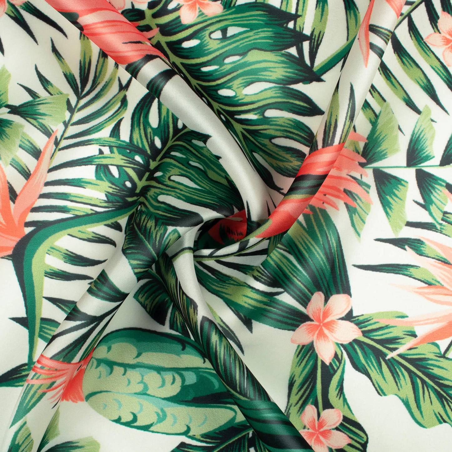 Forest Green And Coral Pink Bird Pattern Digital Print Organza Satin Fabric