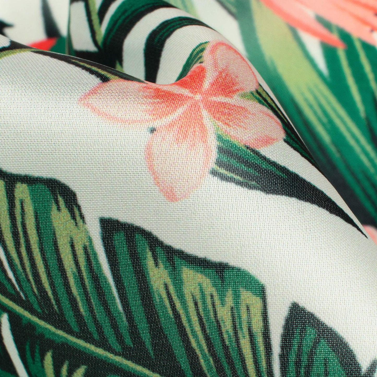 Forest Green And Coral Pink Bird Pattern Digital Print Organza Satin Fabric