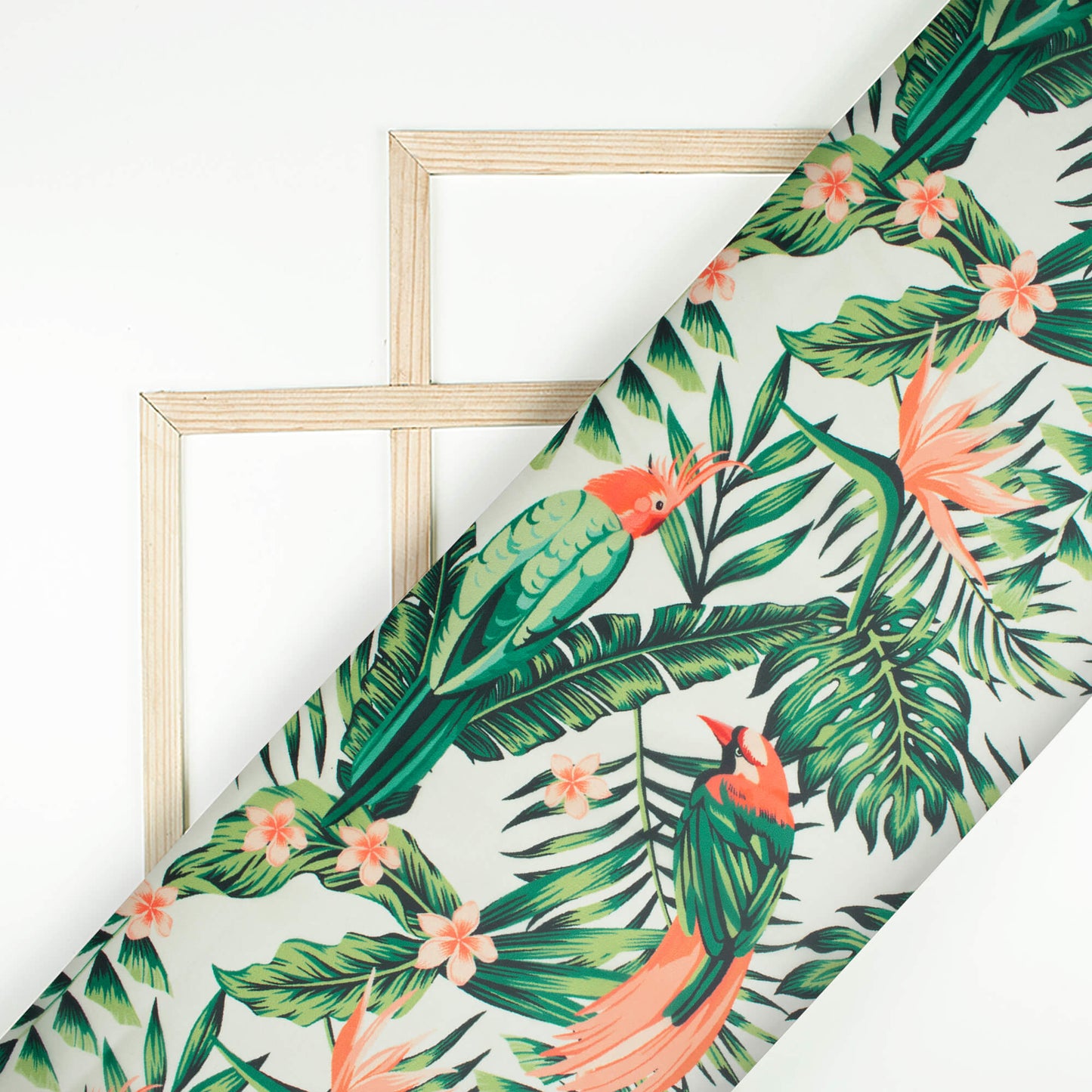 Forest Green And Coral Pink Bird Pattern Digital Print Organza Satin Fabric