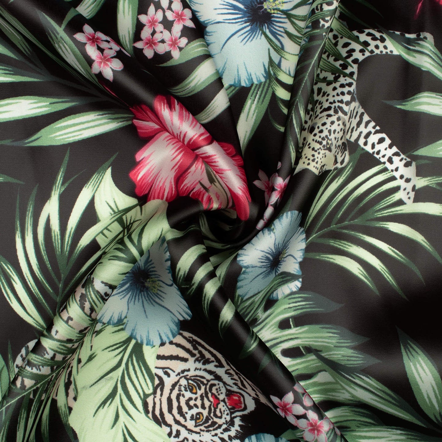 Black And Sage Green Tropical Pattern Digital Print Organza Satin Fabric