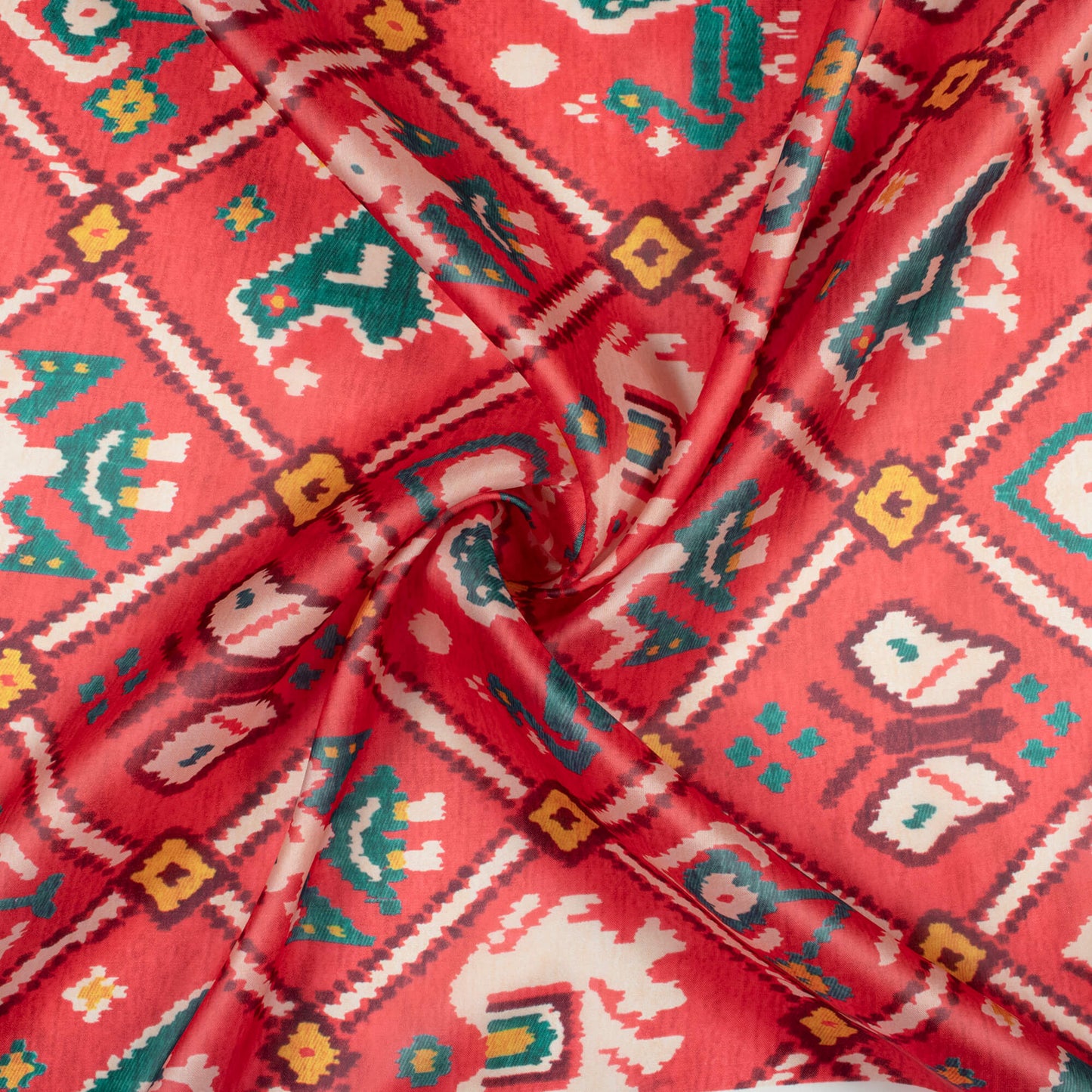 Sangria Red And Teal Green Patolaa Pattern Digital Print Organza Satin Fabric