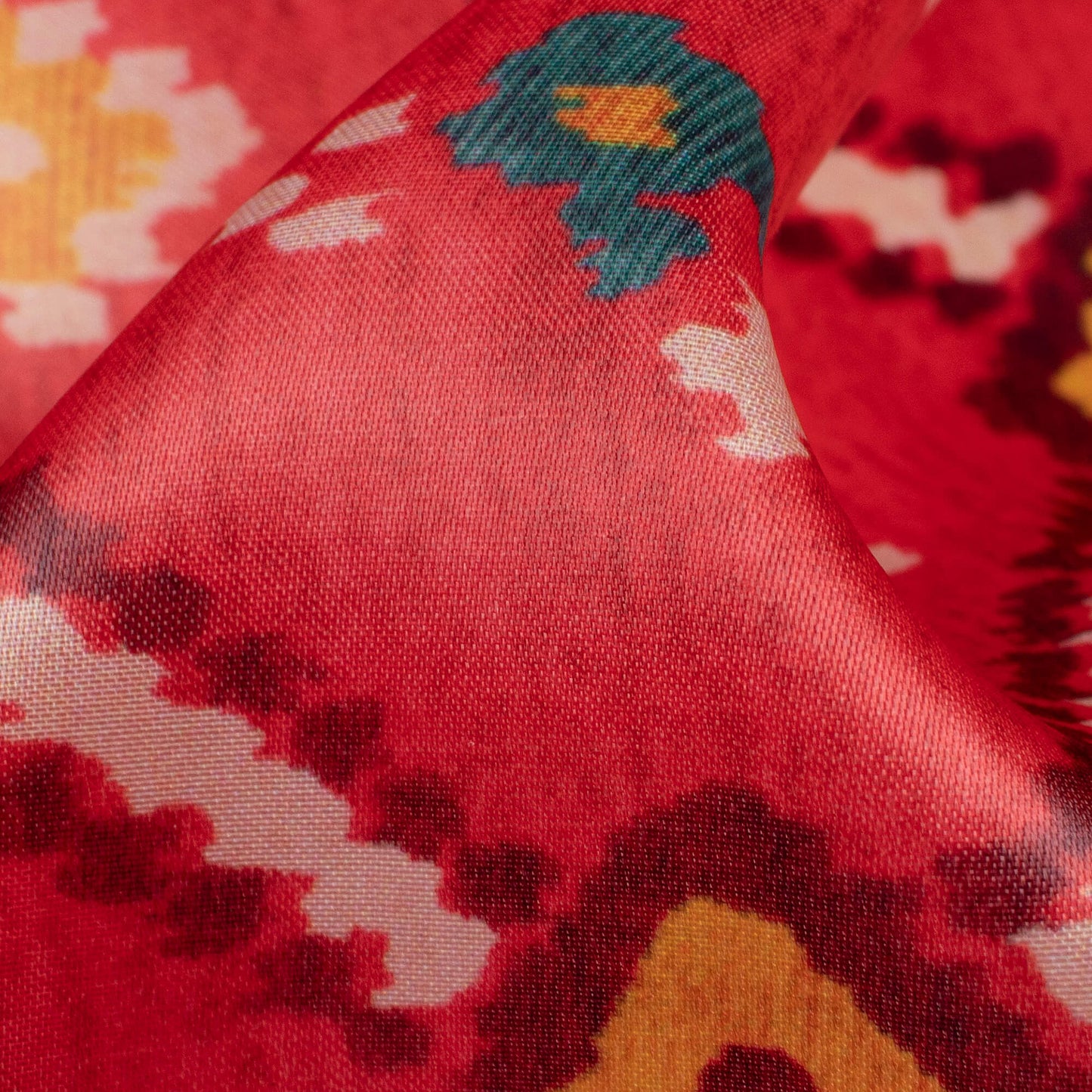 Sangria Red And Teal Green Patolaa Pattern Digital Print Organza Satin Fabric