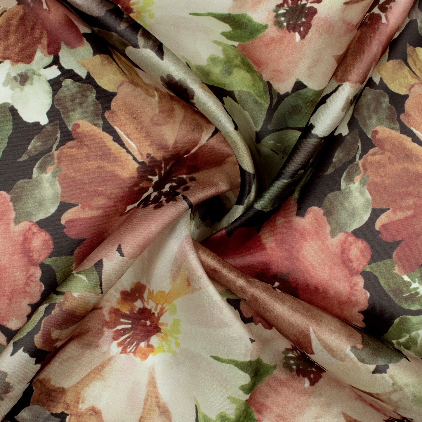 Walnut Brown And Olive Green Floral Pattern Digital Print Organza Satin Fabric