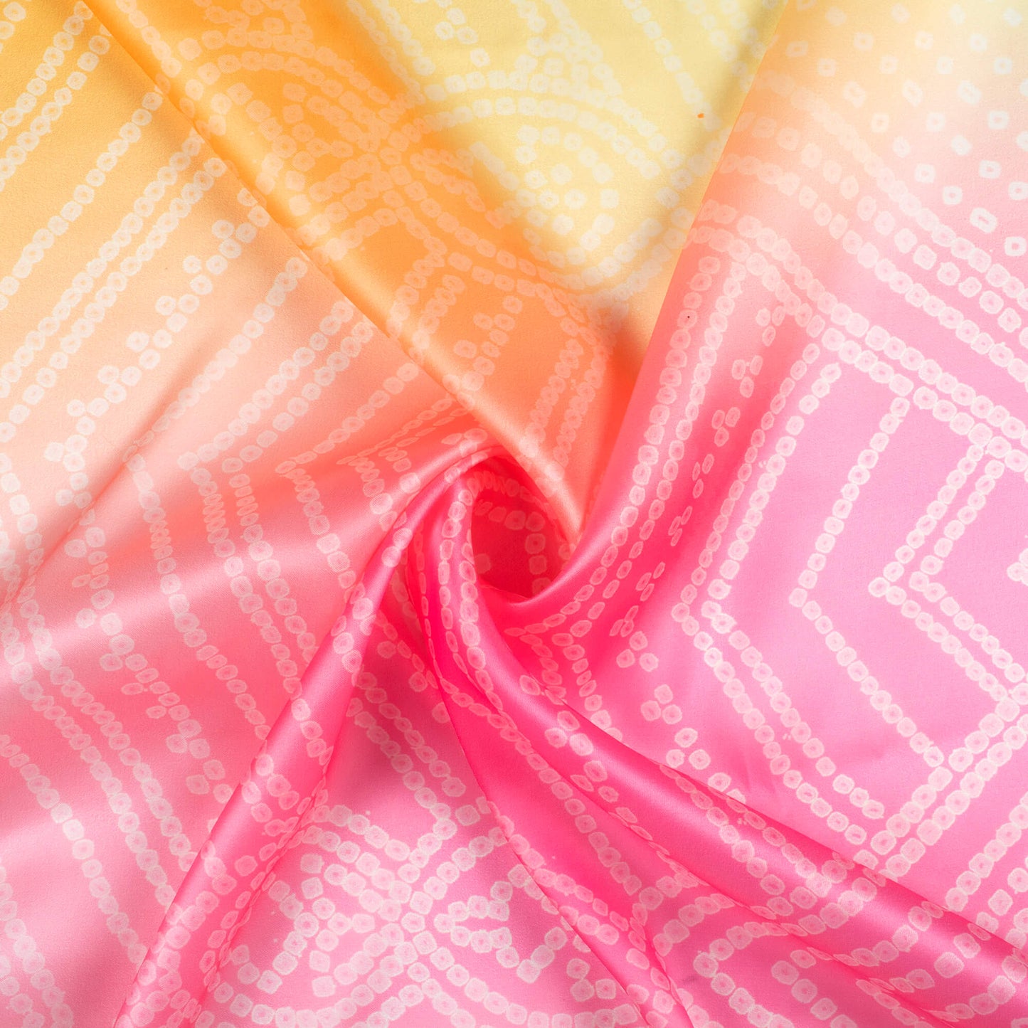 Yellow And Pink Bandhanii Pattern Digital Print Organza Satin Fabric