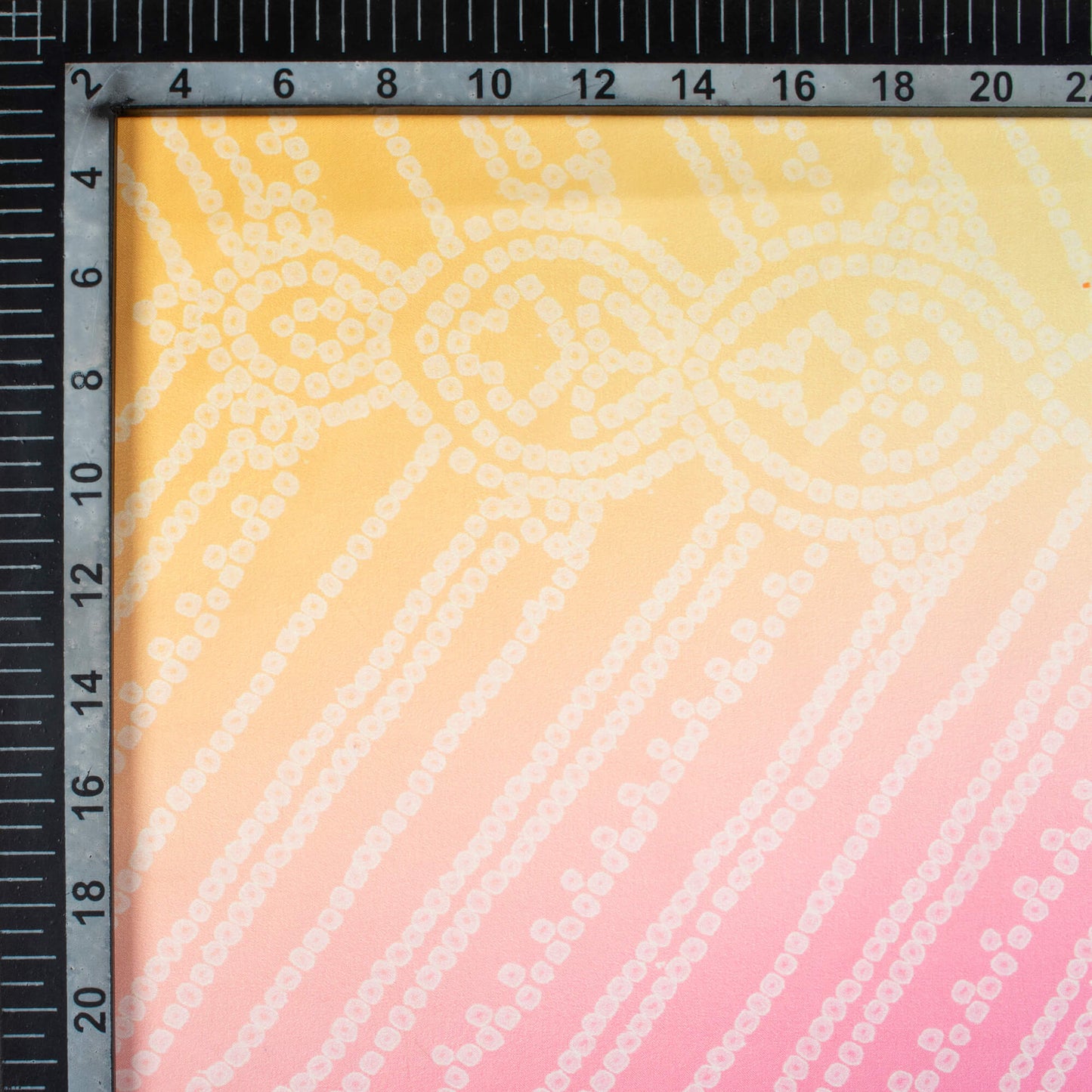 Yellow And Pink Bandhanii Pattern Digital Print Organza Satin Fabric
