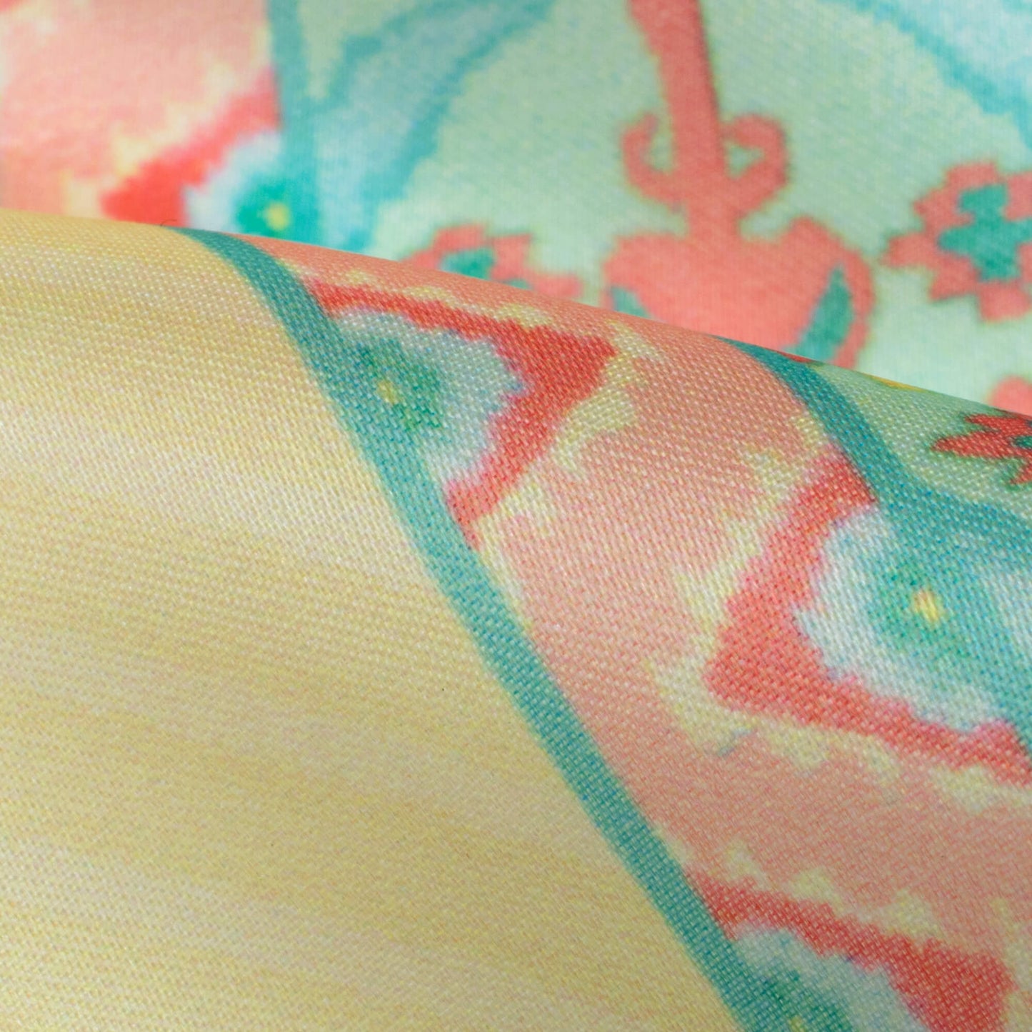 Mellow Yellow And Sky Blue Daman Pattern Digital Print Organza Satin Fabric