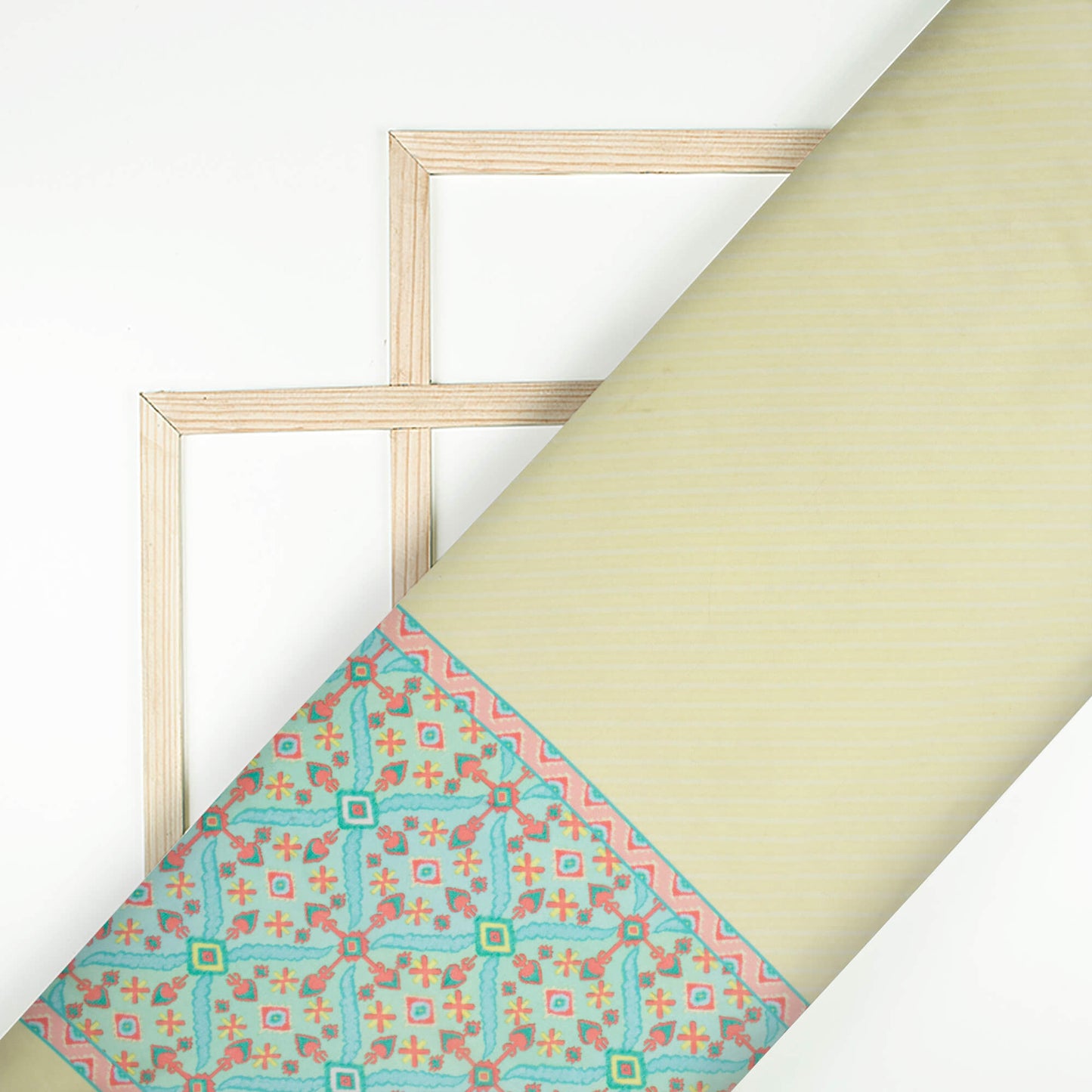 Mellow Yellow And Sky Blue Daman Pattern Digital Print Organza Satin Fabric