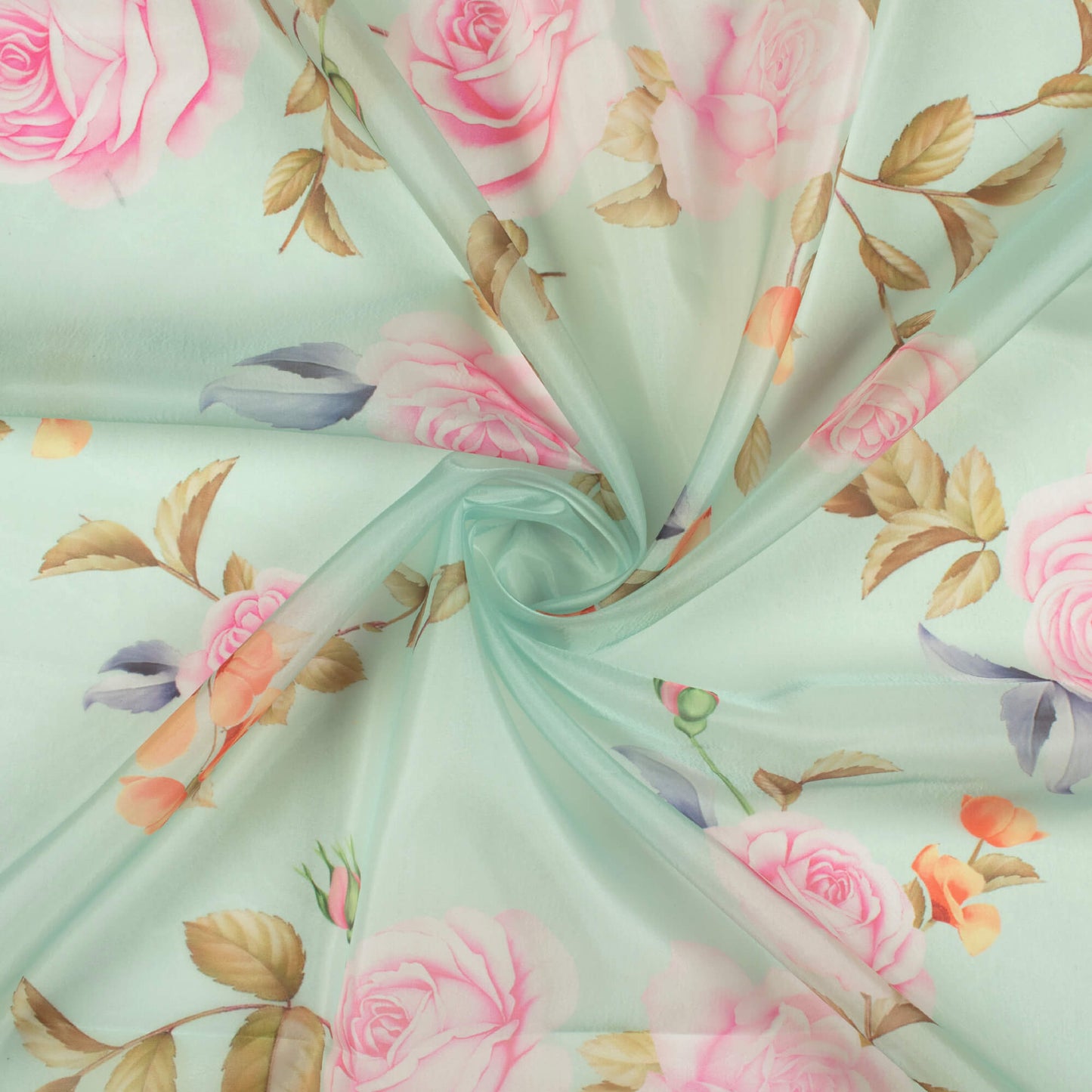 Tea Green And Taffy Pink Floral Pattern Digital Print Organza Satin Fabric