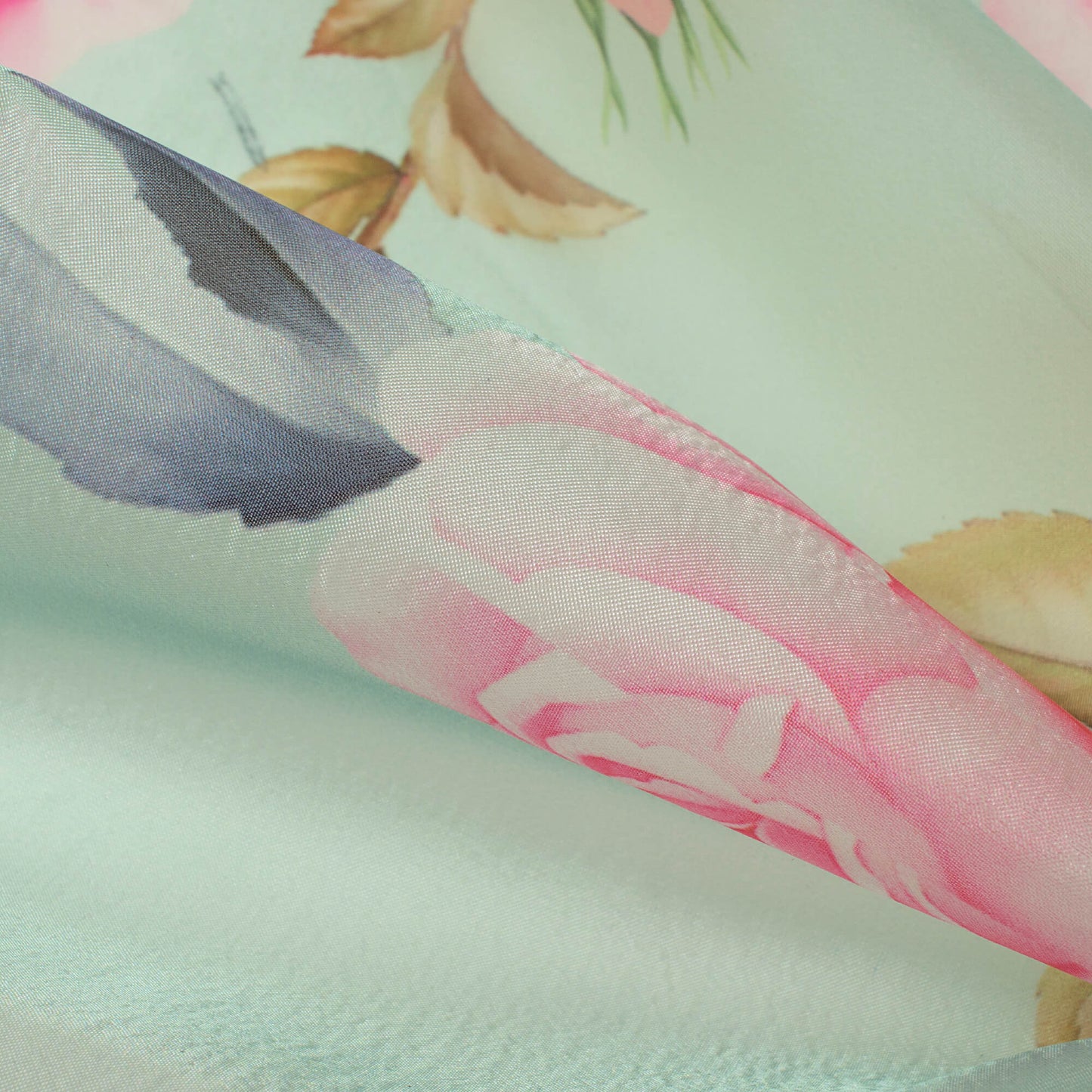 Tea Green And Taffy Pink Floral Pattern Digital Print Organza Satin Fabric