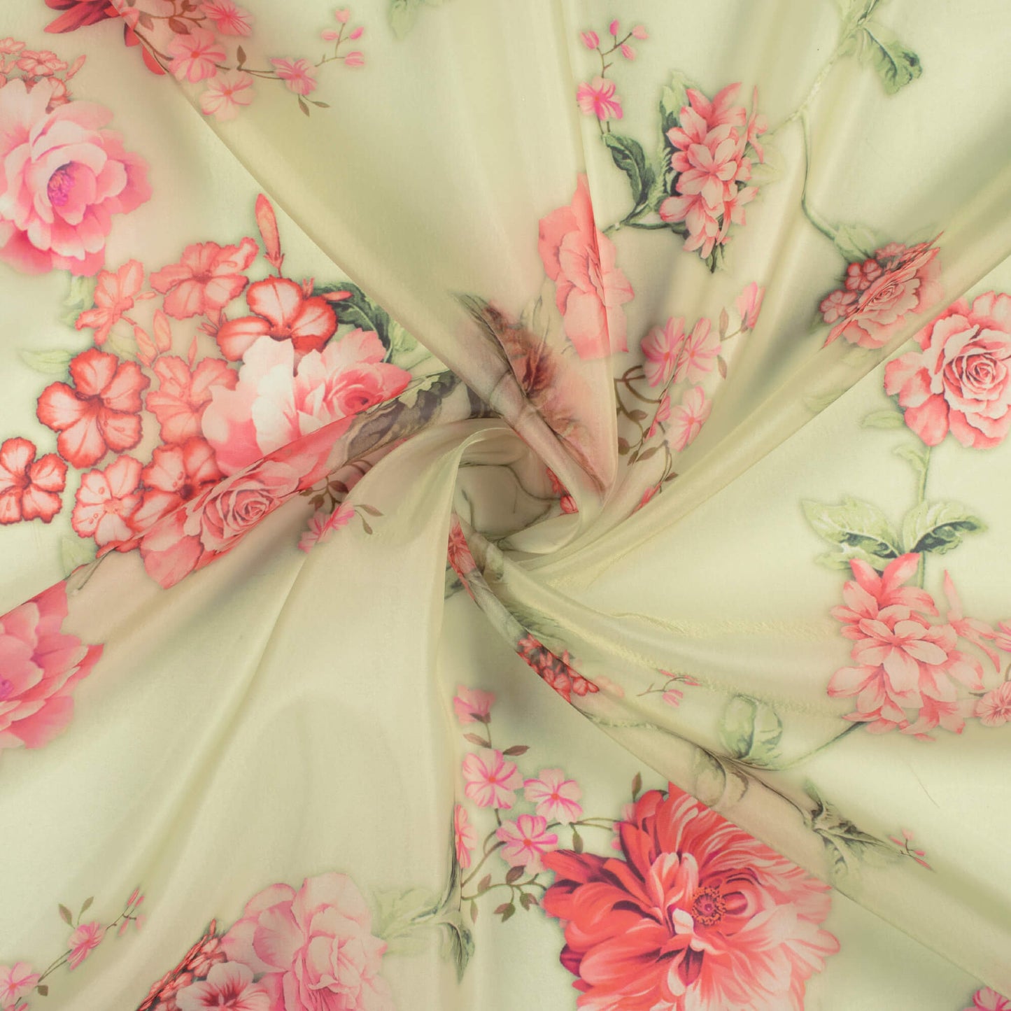 Pastel Avacado Green And Red Floral Pattern Digital Print Organza Satin Fabric