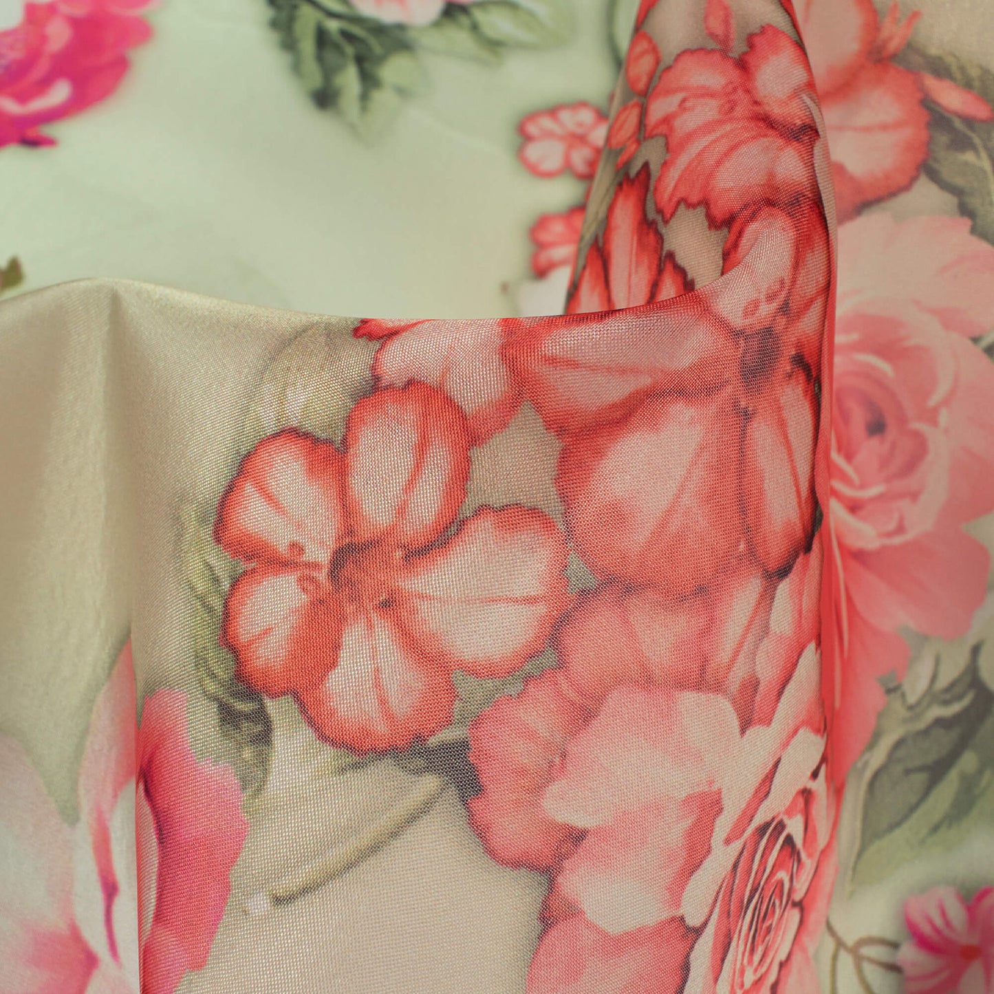 Pastel Avacado Green And Red Floral Pattern Digital Print Organza Satin Fabric