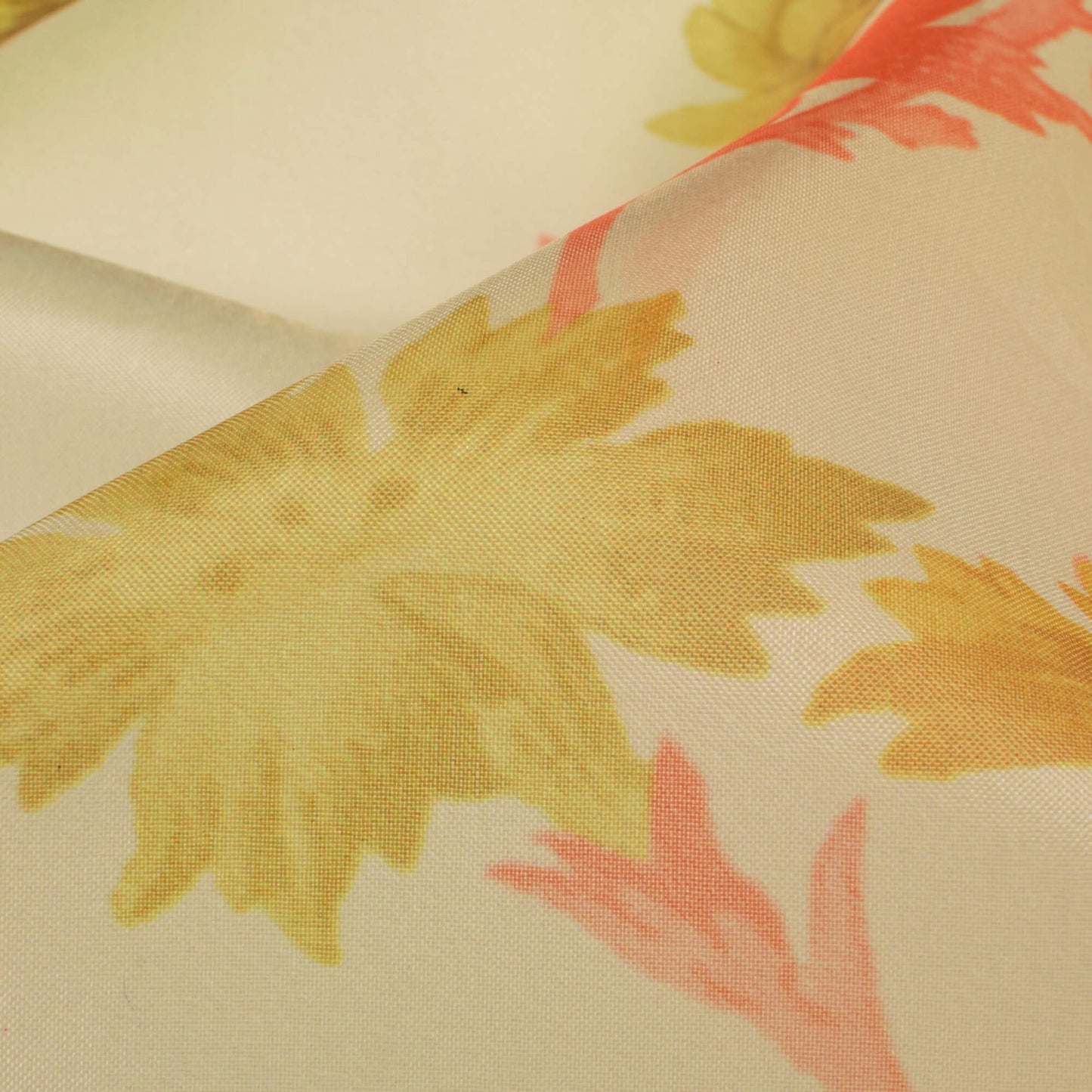Mellow Yellow And Olive Green Floral Pattern Digital Print Organza Satin Fabric