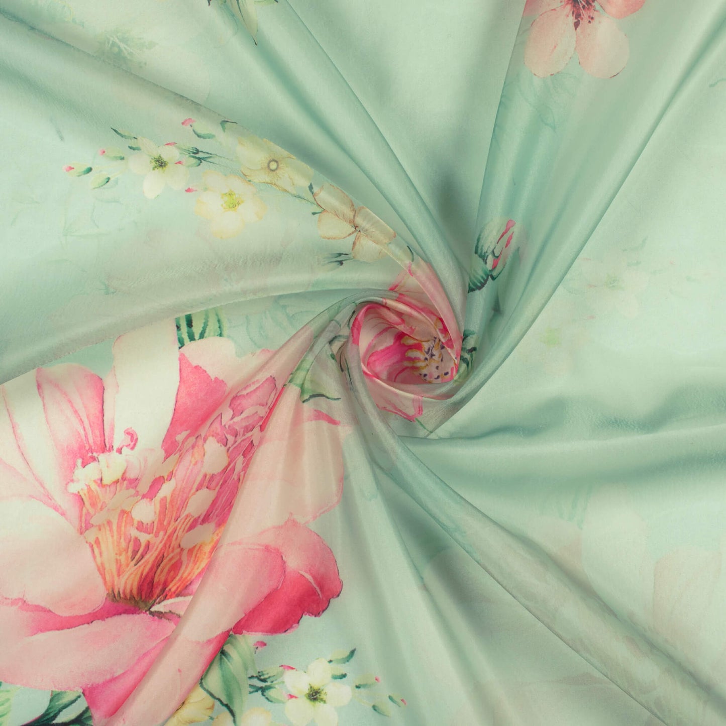 Pistachio Green And Taffy Pink Floral Pattern Digital Print Organza Satin Fabric