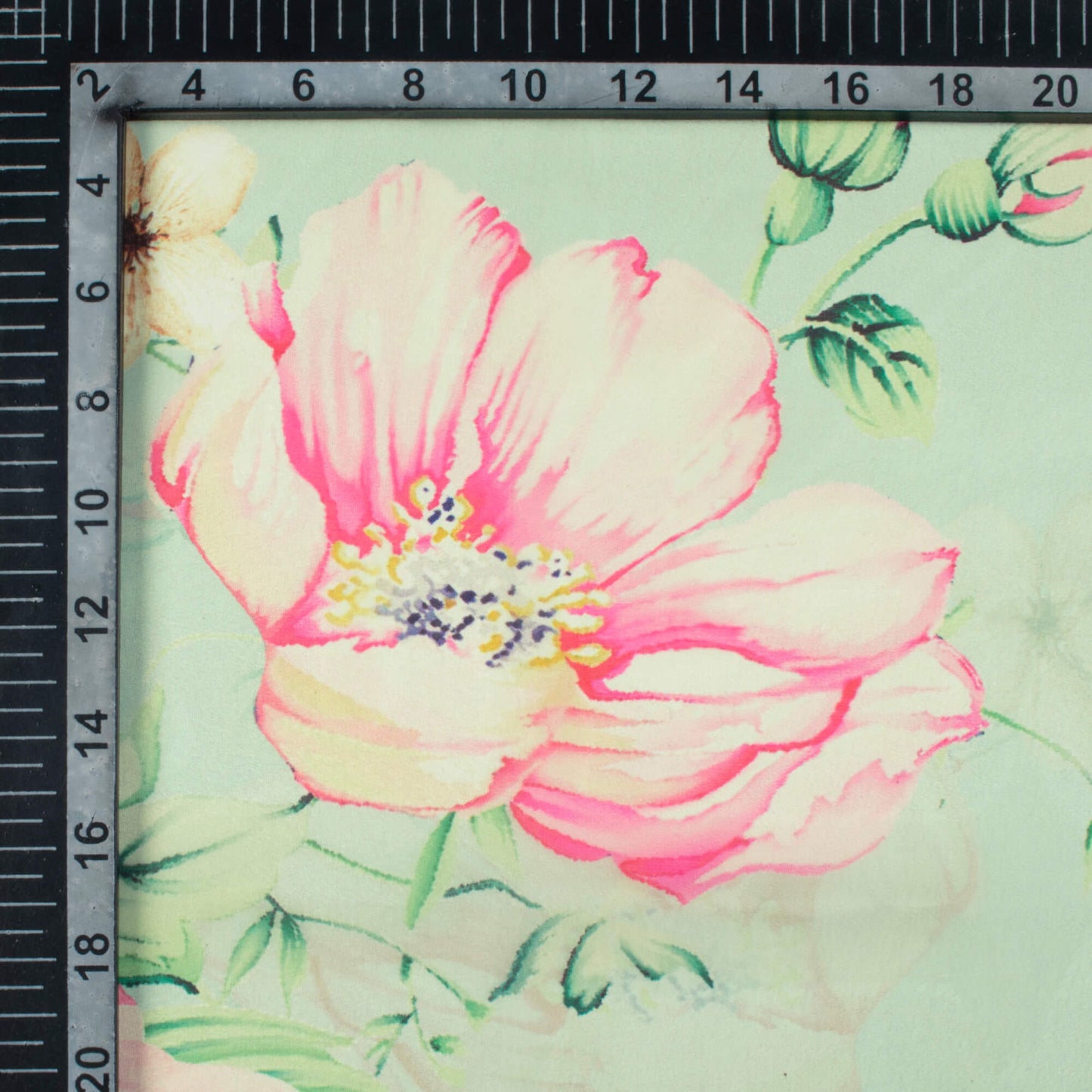 Pistachio Green And Taffy Pink Floral Pattern Digital Print Organza Satin Fabric