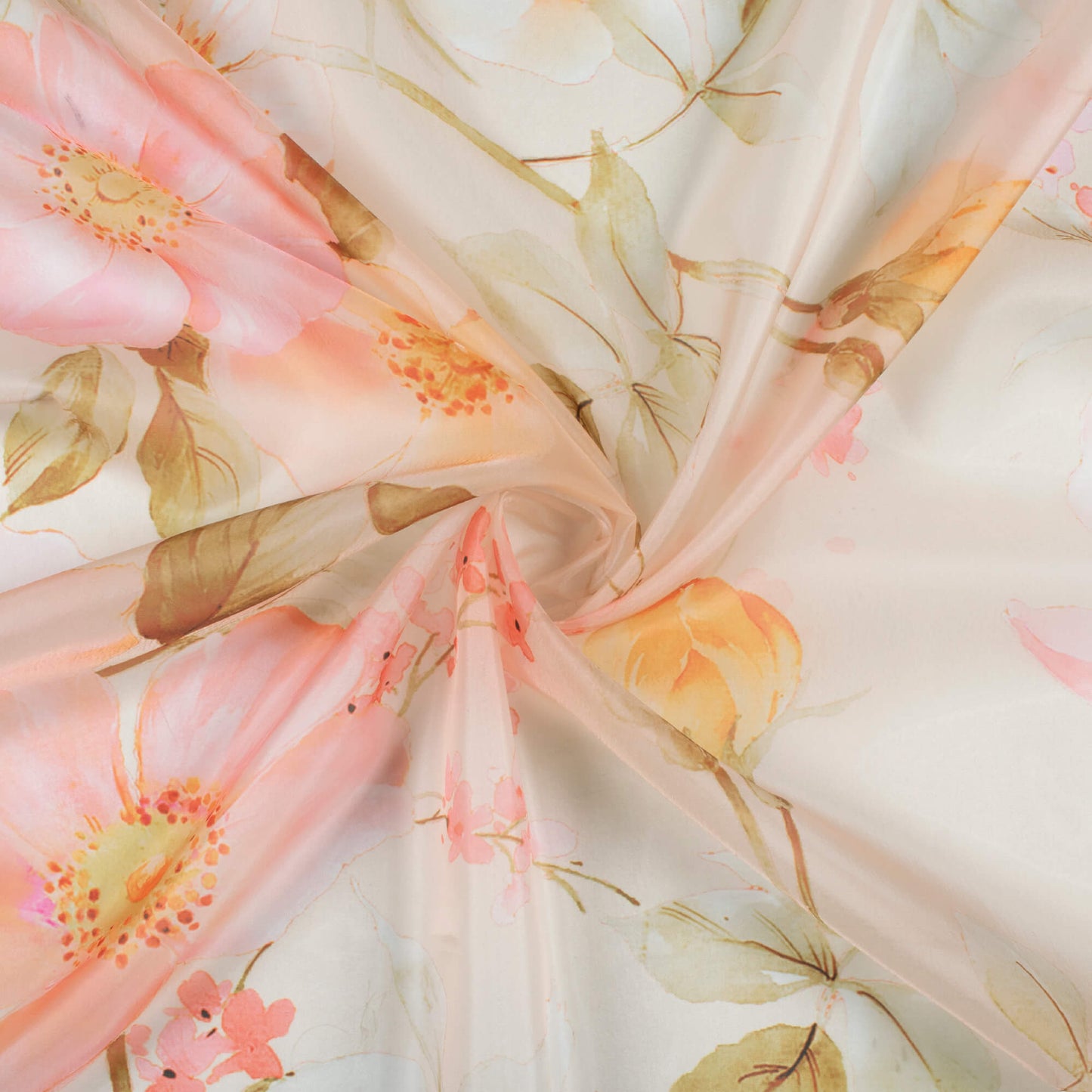 Light Orange And Cherry Pink Floral Pattern Digital Print Organza Satin Fabric