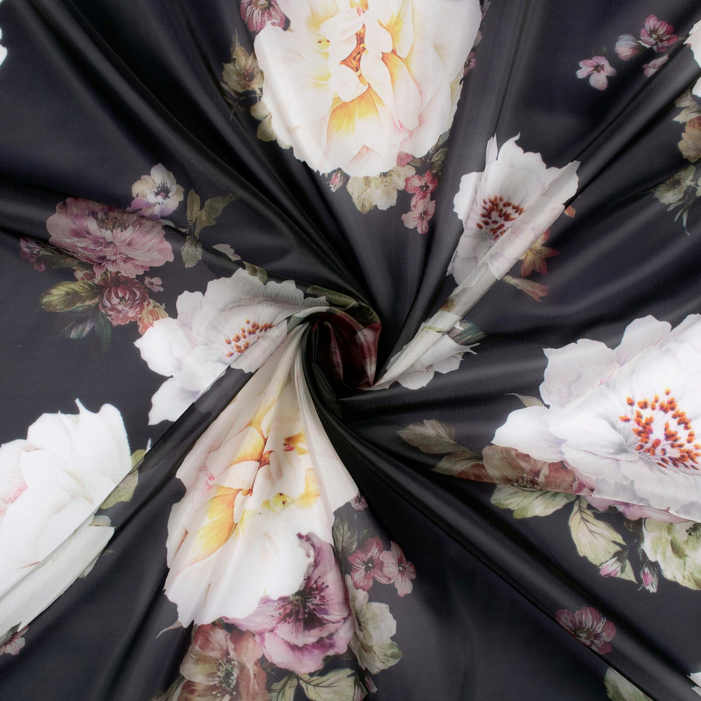 Black And Off White Floral Pattern Digital Print Organza Satin Fabric