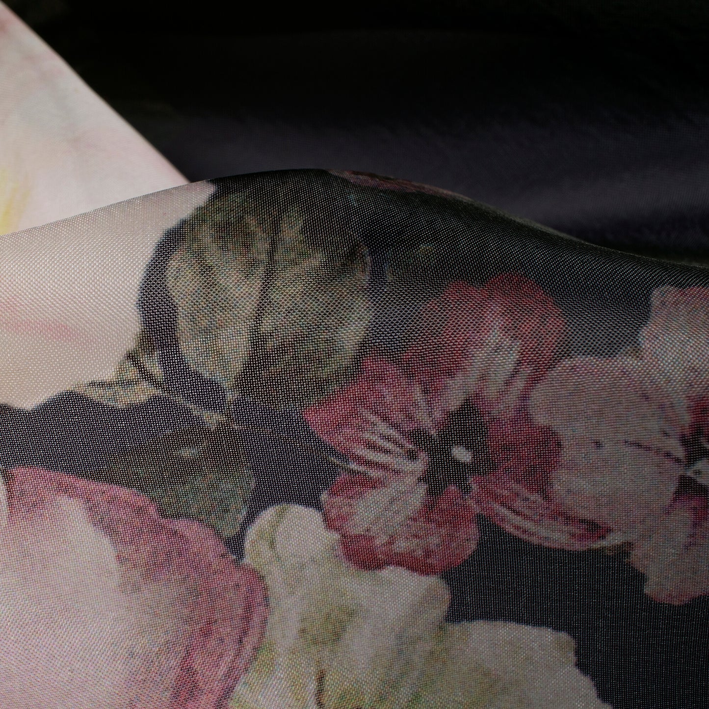 Black And Off White Floral Pattern Digital Print Organza Satin Fabric