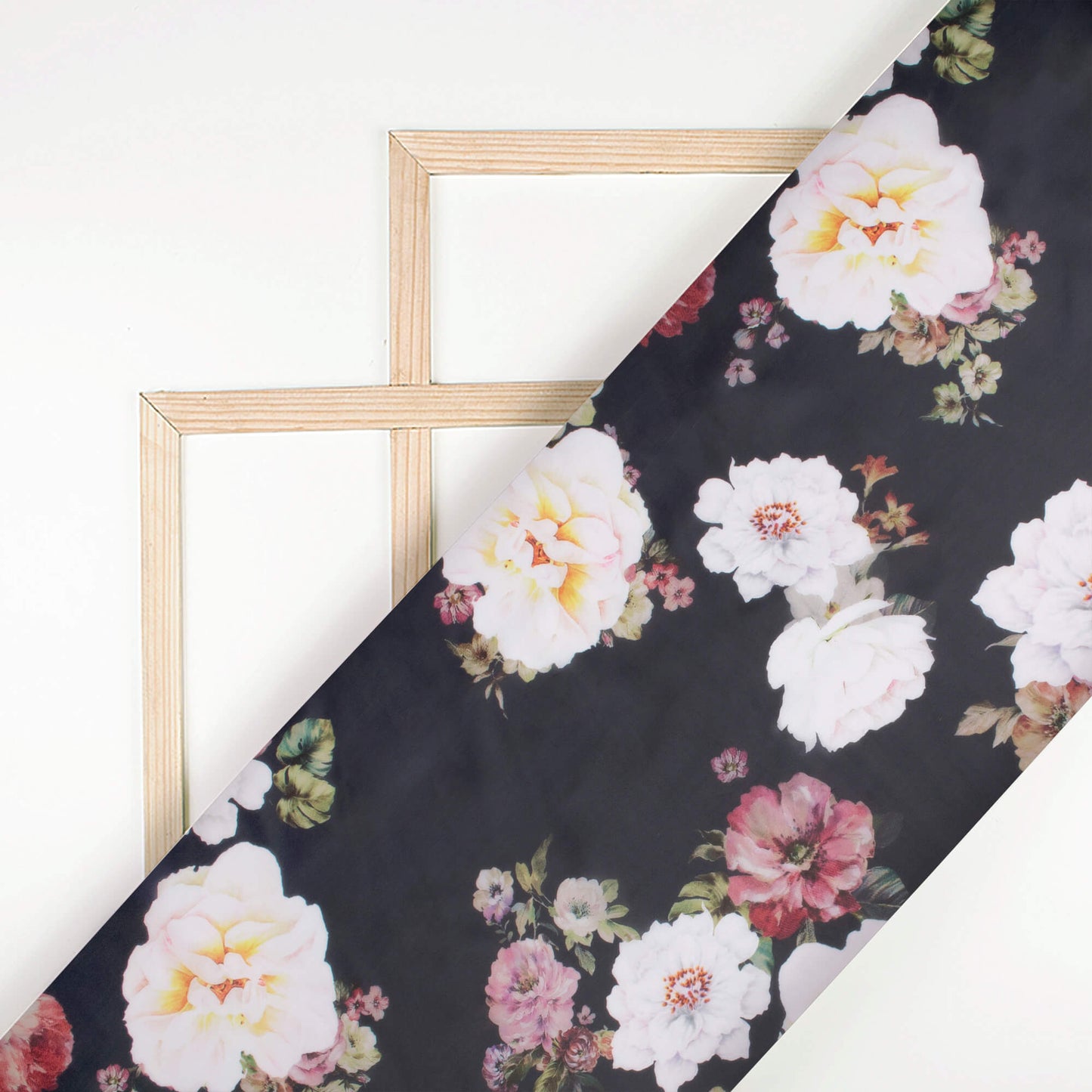 Black And Off White Floral Pattern Digital Print Organza Satin Fabric