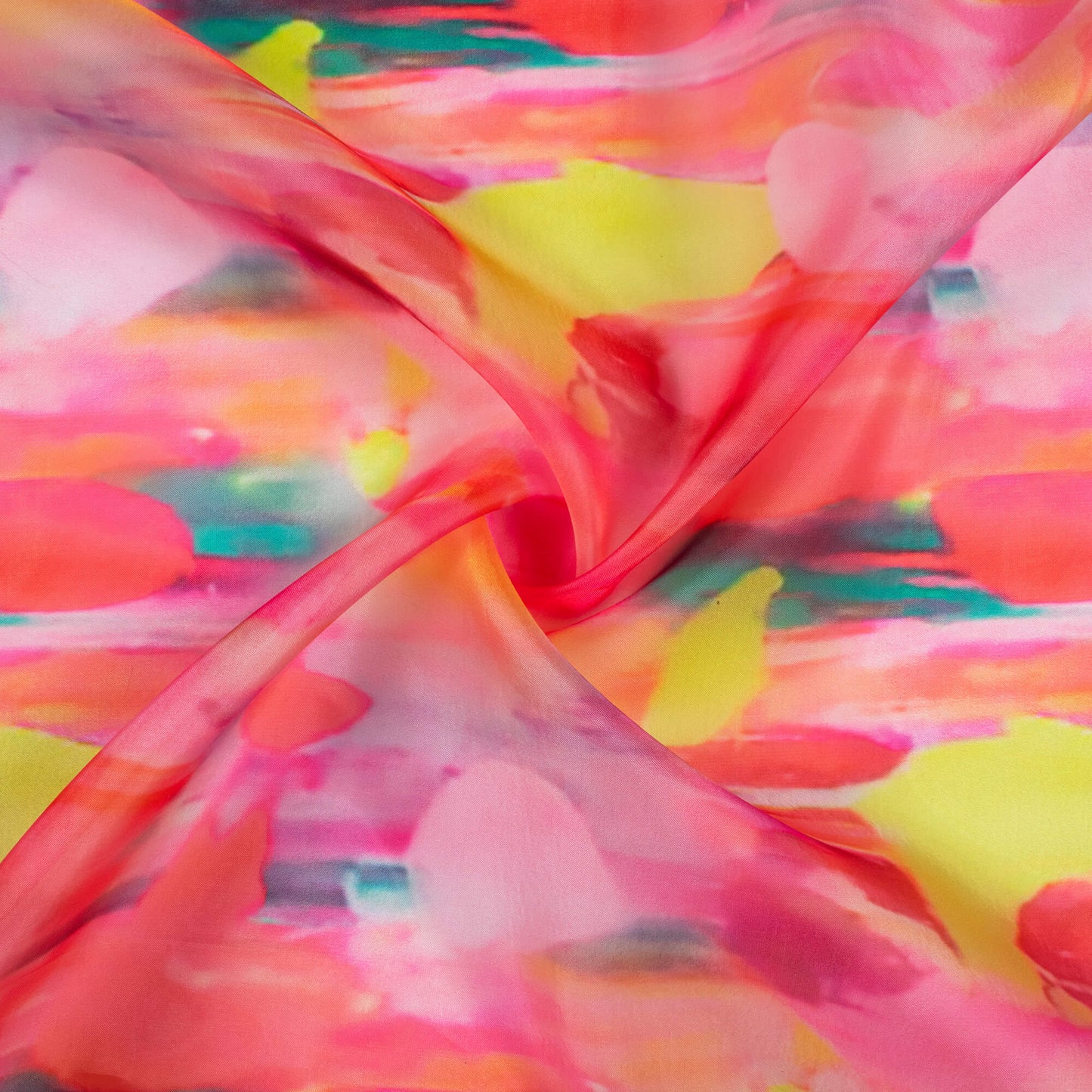Creamy Pink And Bumblebee Yellow Abstract Pattern Digital Print Organza Satin Fabric