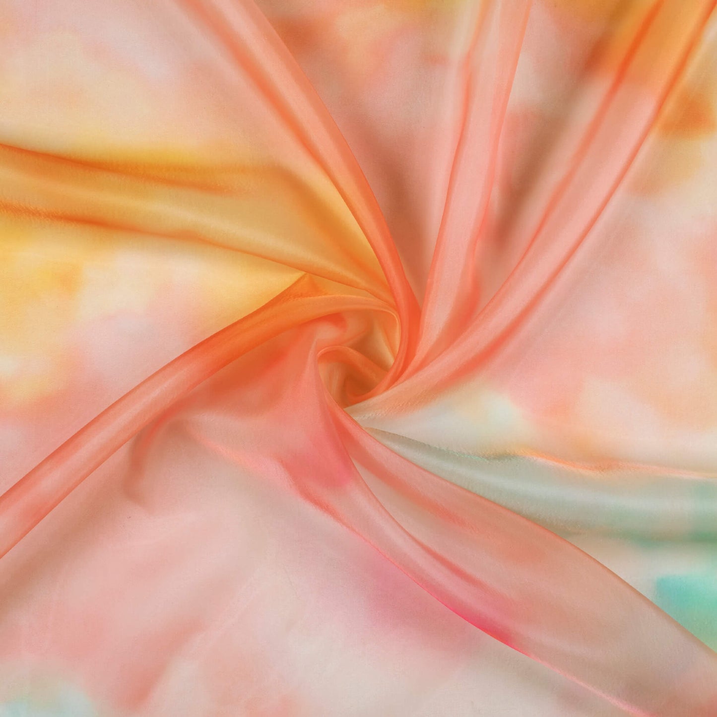 Punch Pink And Yellow Tye And Dye Pattern Digital Print Organza Satin Fabric