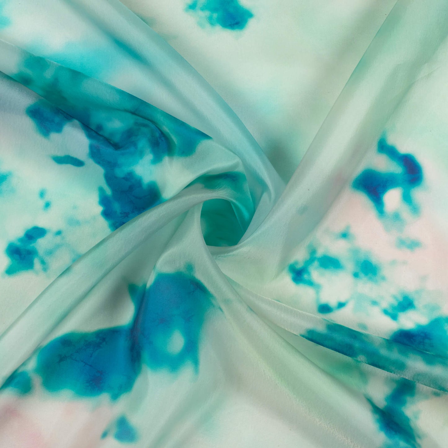 Veridian Green And Pink Tye And Dye Pattern Digital Print Organza Satin Fabric