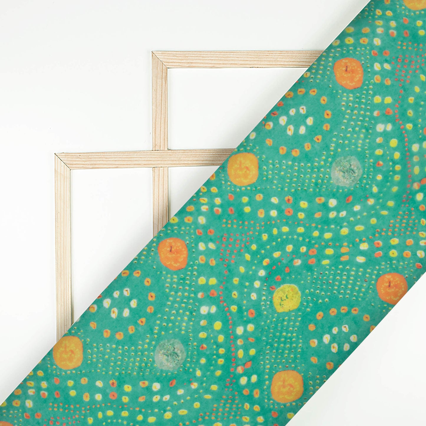 Fern Green And Orange Bandhanii Pattern Digital Print Organza Satin Fabric
