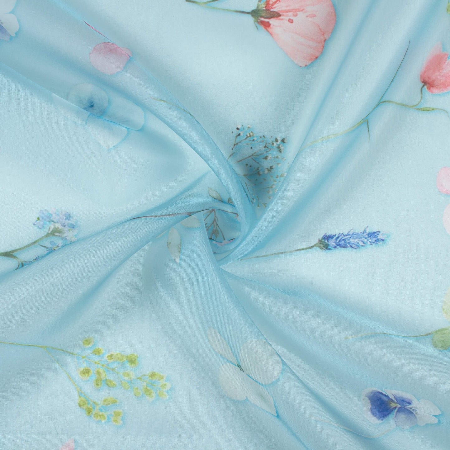 Light Blue And Peach Floral Pattern Digital Print Organza Satin Fabric