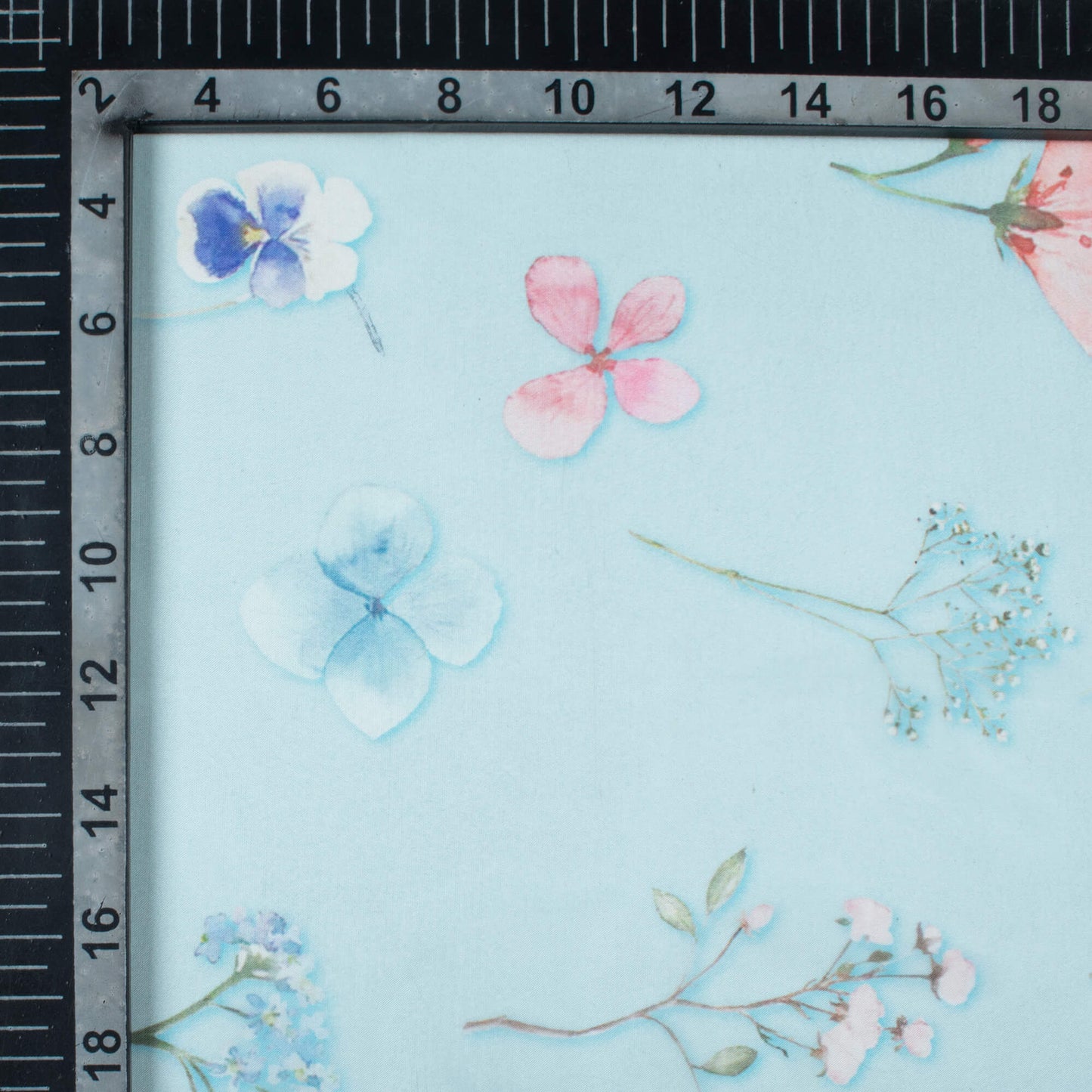 Light Blue And Peach Floral Pattern Digital Print Organza Satin Fabric