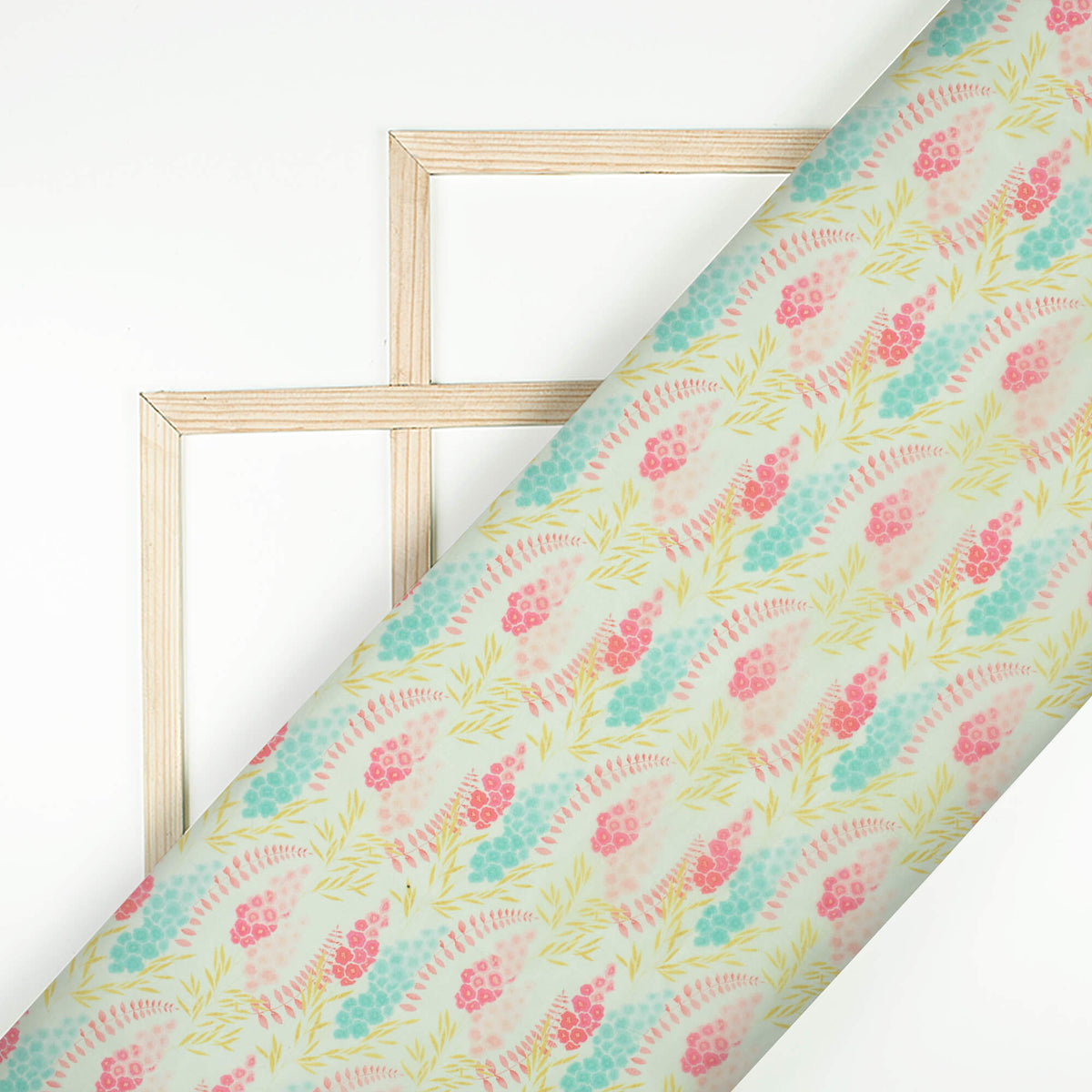 Pastel Green And Hot Pink Floral Pattern Digital Print Organza Satin Fabric